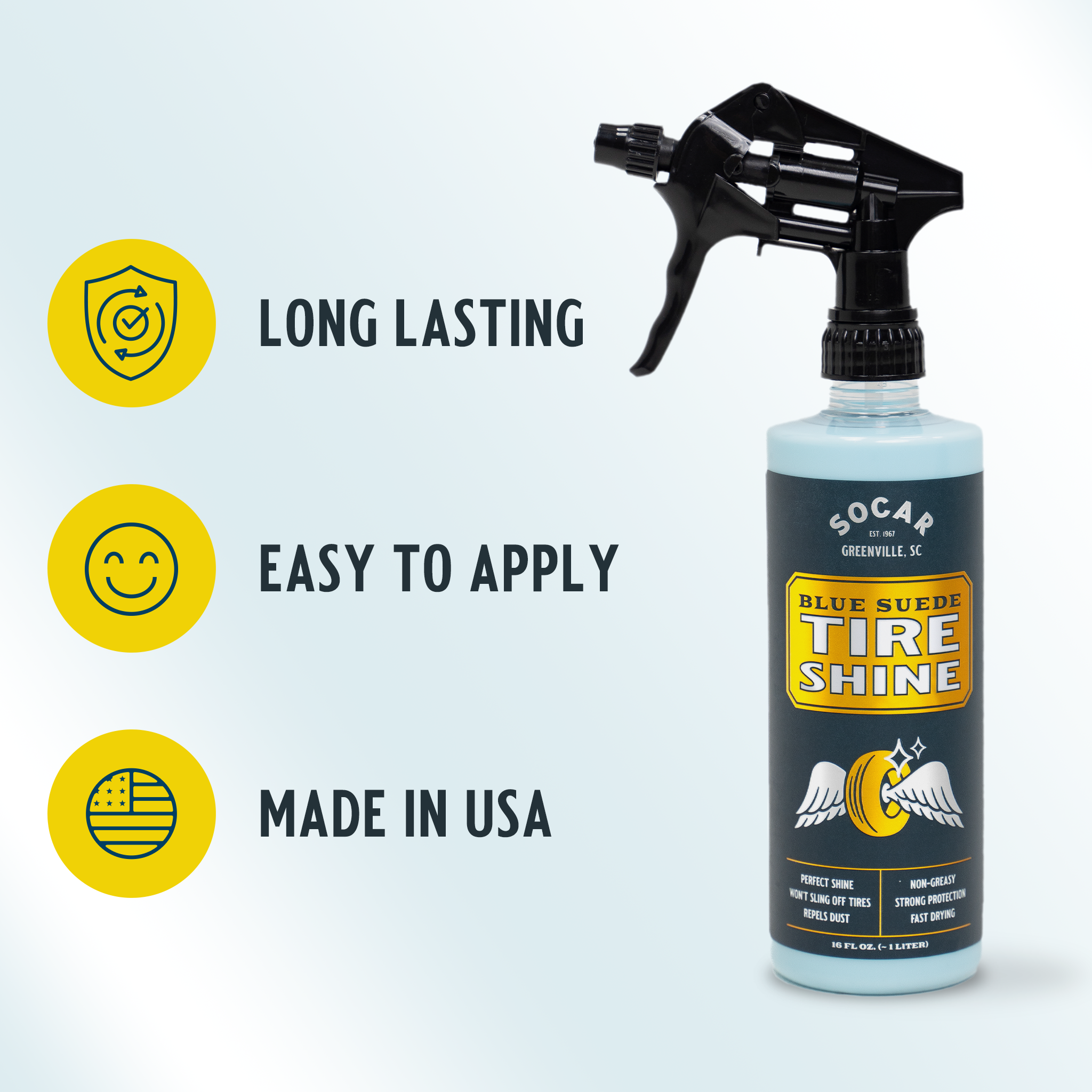Blue suede tire shine contains a revolutionary formula that goes on blue but dries clear, so you don’t miss a spot. Your tires will shine with a rich black