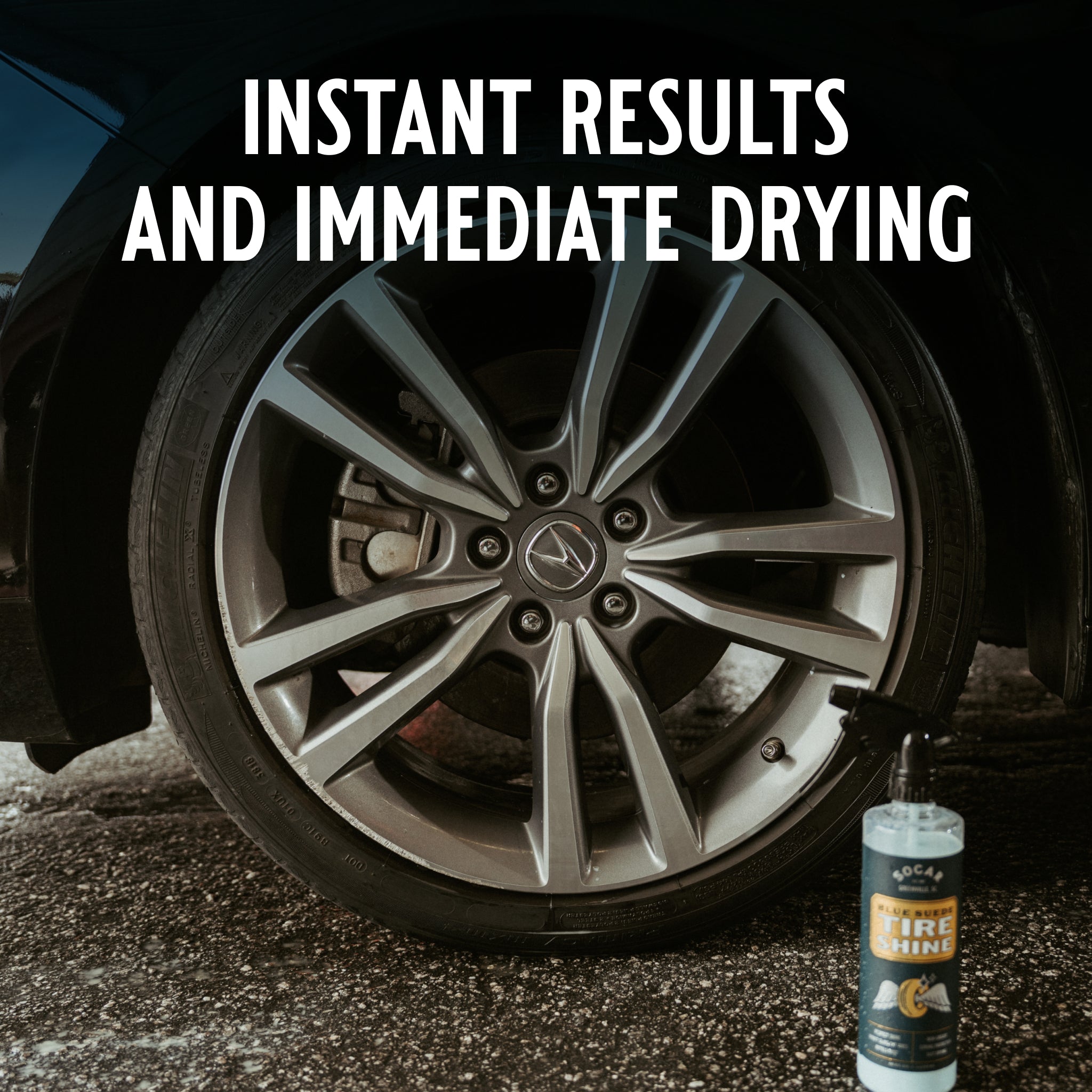 Blue suede tire shine contains a revolutionary formula that goes on blue but dries clear, so you don’t miss a spot. Your tires will shine with a rich black
