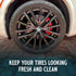 Blue suede tire shine contains a revolutionary formula that goes on blue but dries clear, so you don’t miss a spot. Your tires will shine with a rich black