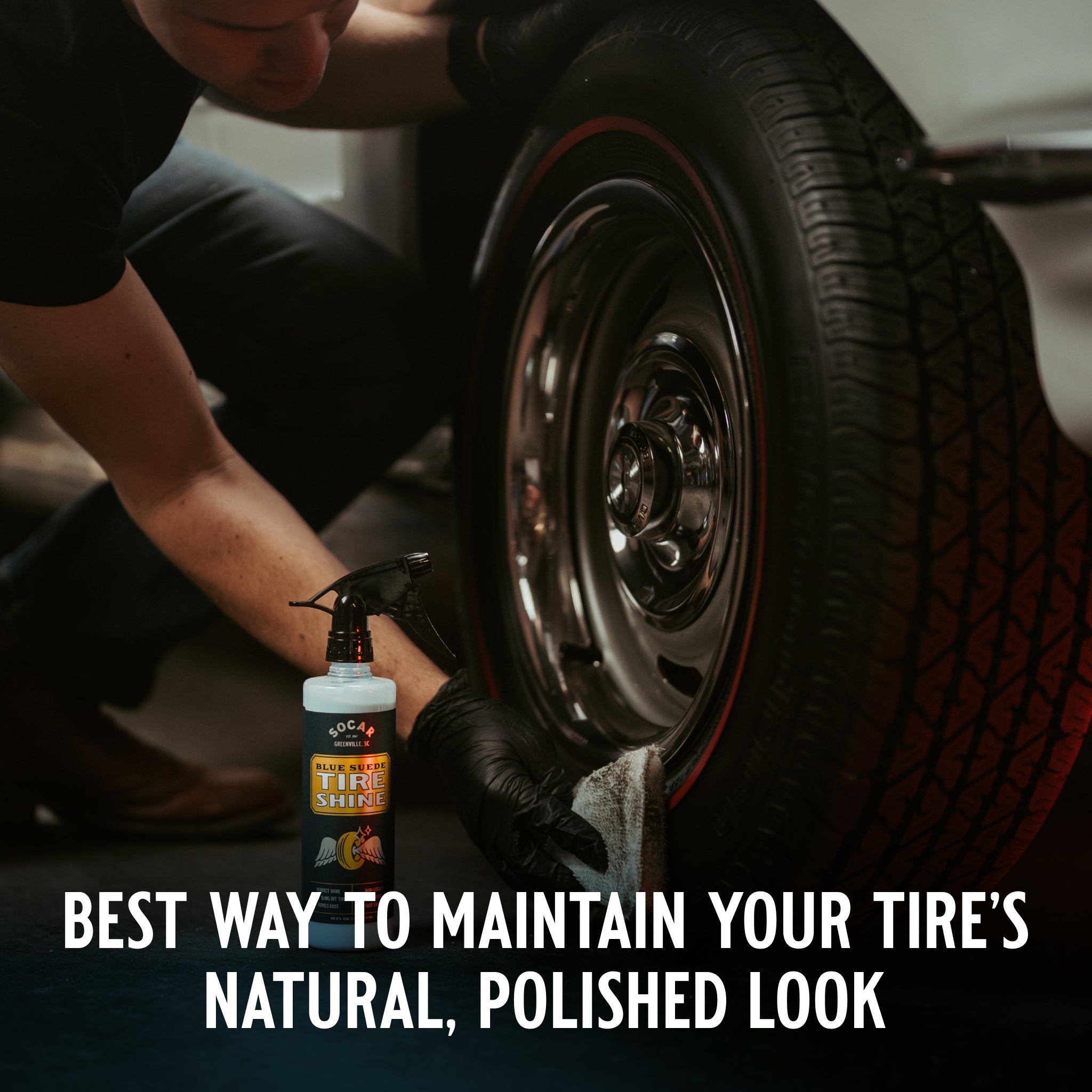 Blue suede tire shine contains a revolutionary formula that goes on blue but dries clear, so you don’t miss a spot. Your tires will shine with a rich black
