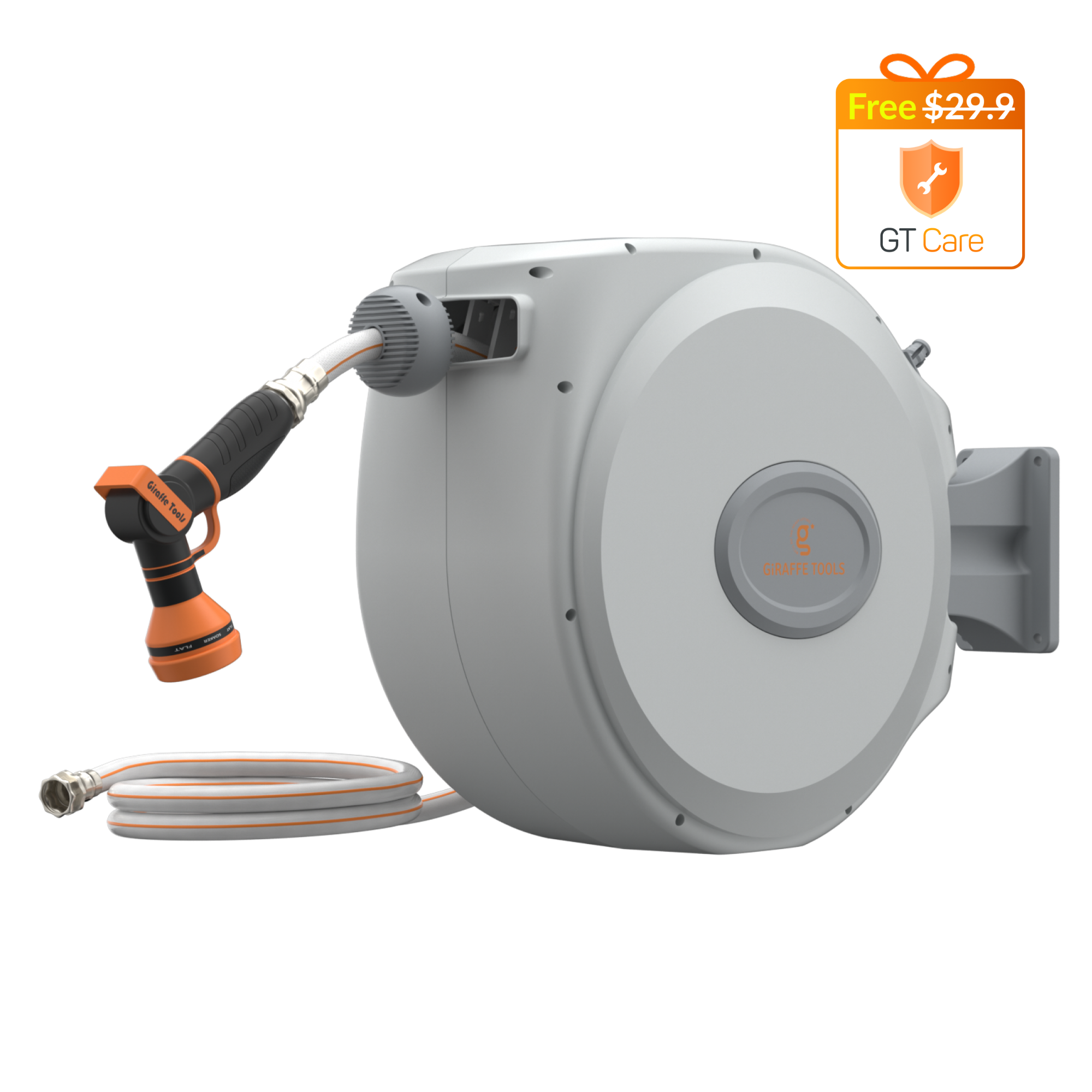 Giraffe Tools retractable garden hose reel delivers a one-stop watering solution—wall-mounted, auto-rewind, and adjustable for effortless use.