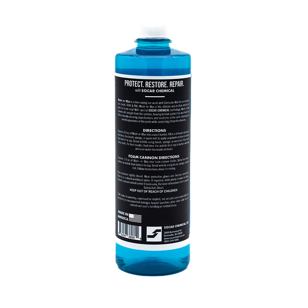 Wash n Wax is a neutral pH detergent with emulsifiers that provide excellent cleaning and rinse ability. Contains Carnauba Wax to repair normally occurring