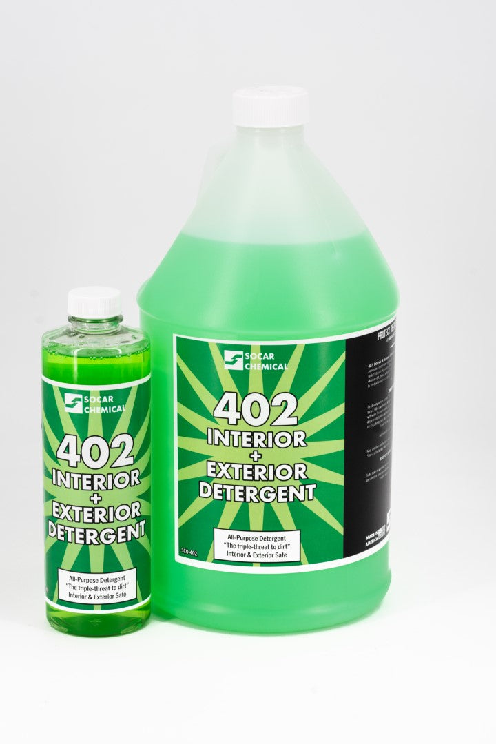 402 Interior + Exterior Detailer is a soapy, all-purpose-cleaner concentrate for automotive interior and exterior use. A multi-purpose detergent with complex
