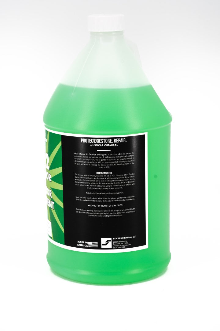 402 Interior + Exterior Detailer is a soapy, all-purpose-cleaner concentrate for automotive interior and exterior use. A multi-purpose detergent with complex