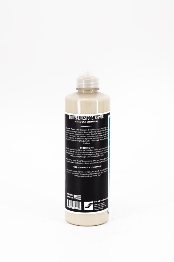 New Light Plastic Lens Cleaner is designed to restore faded, foggy, and yellowed plastic headlight lenses to their original clarity and color. With ultra-fine