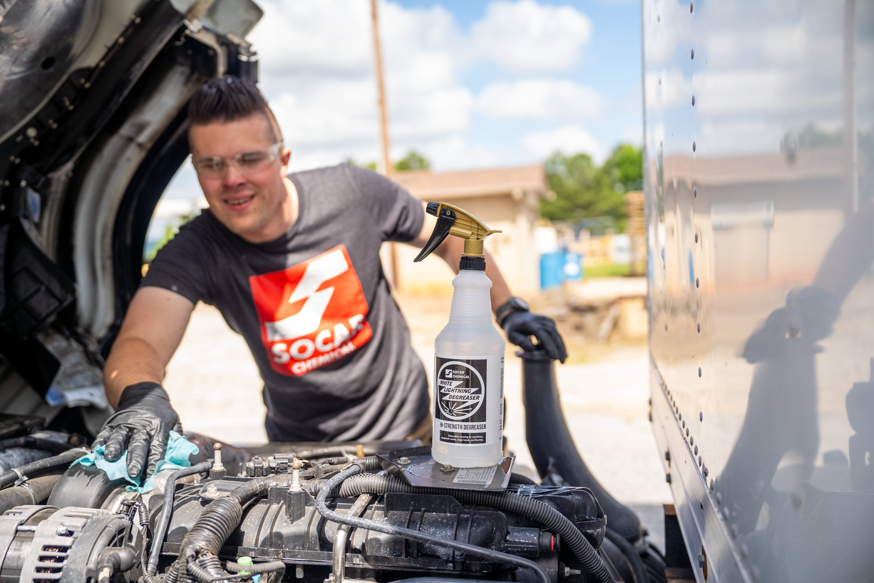 White Lightning Degreaser The most powerful of the SOCAR alkali degreaser formulas. White Lightning blasts its way through heavy grease, dirt, compacted oil