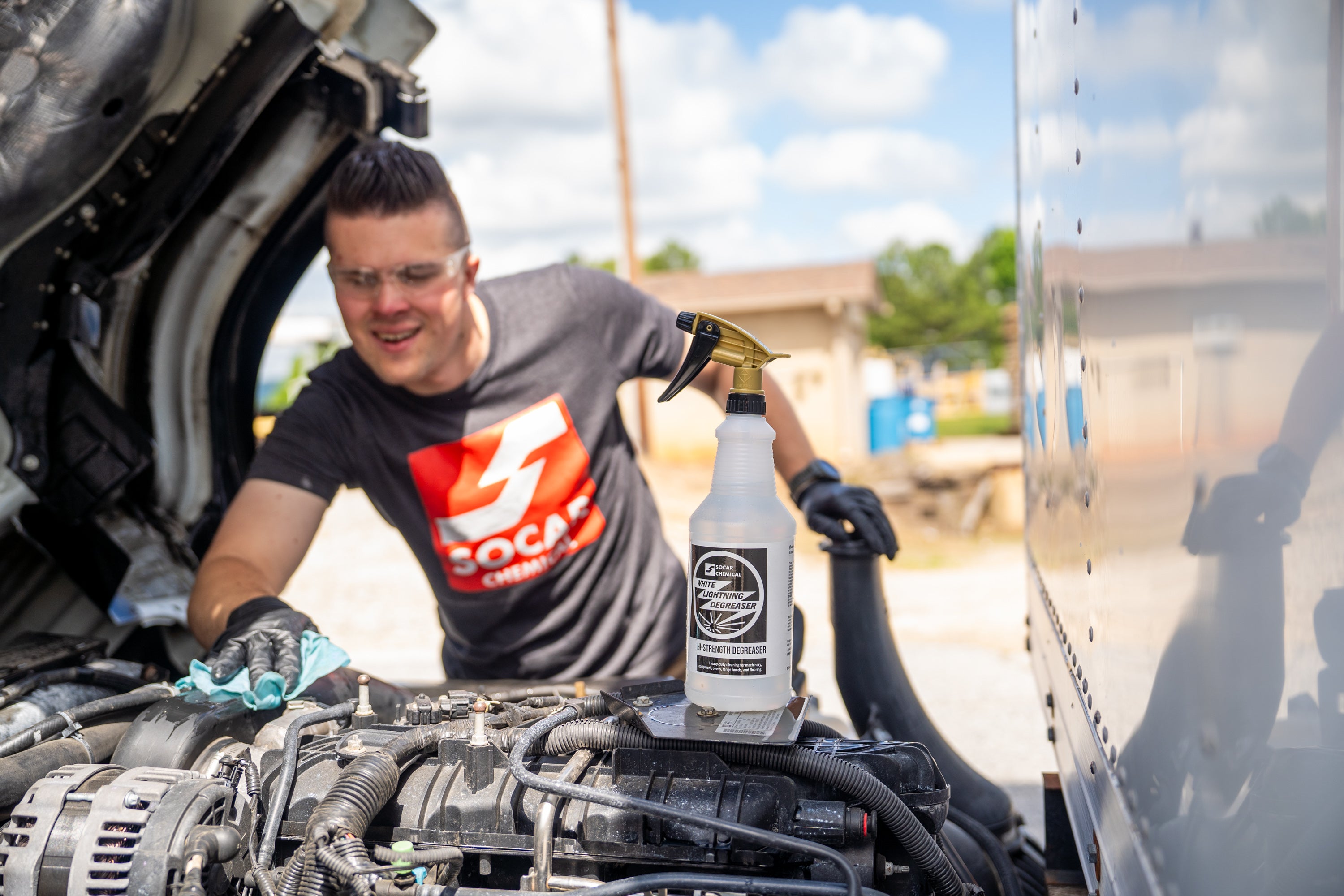 White Lightning Degreaser The most powerful of the SOCAR alkali degreaser formulas. White Lightning blasts its way through heavy grease, dirt, compacted oil