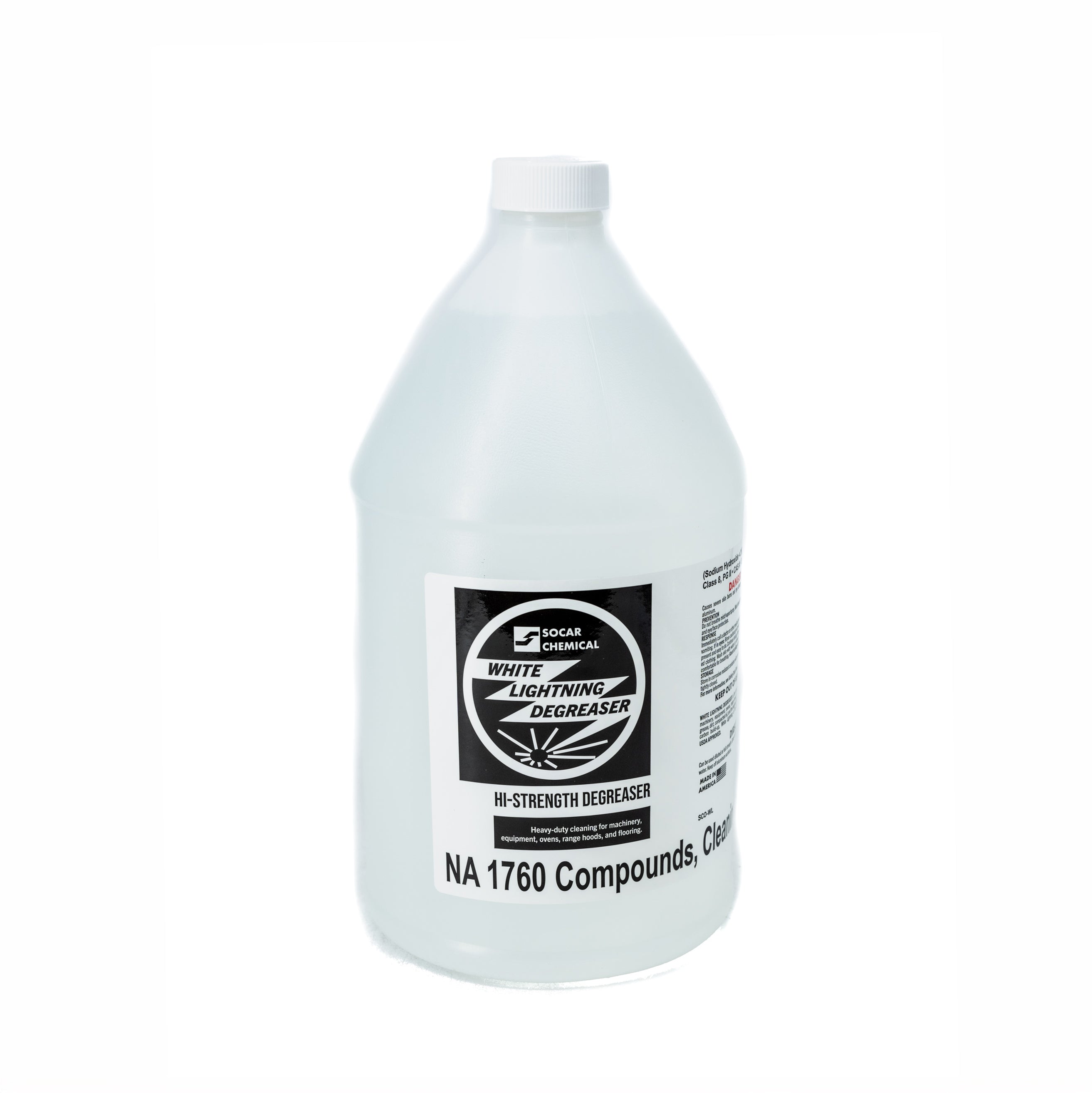 White Lightning Degreaser The most powerful of the SOCAR alkali degreaser formulas. White Lightning blasts its way through heavy grease, dirt, compacted oil