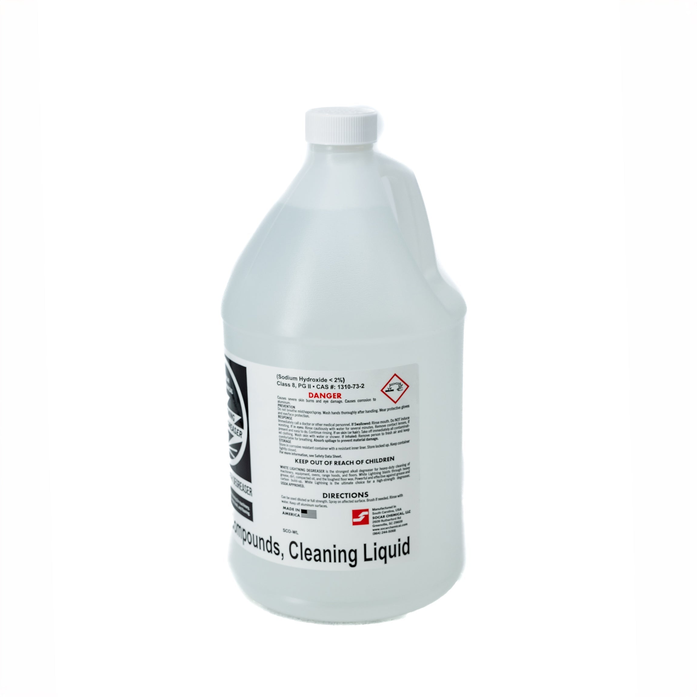White Lightning Degreaser The most powerful of the SOCAR alkali degreaser formulas. White Lightning blasts its way through heavy grease, dirt, compacted oil