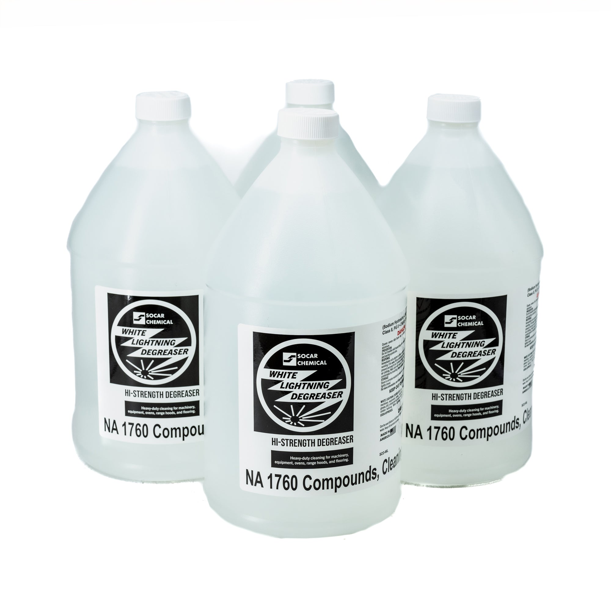 White Lightning Degreaser The most powerful of the SOCAR alkali degreaser formulas. White Lightning blasts its way through heavy grease, dirt, compacted oil