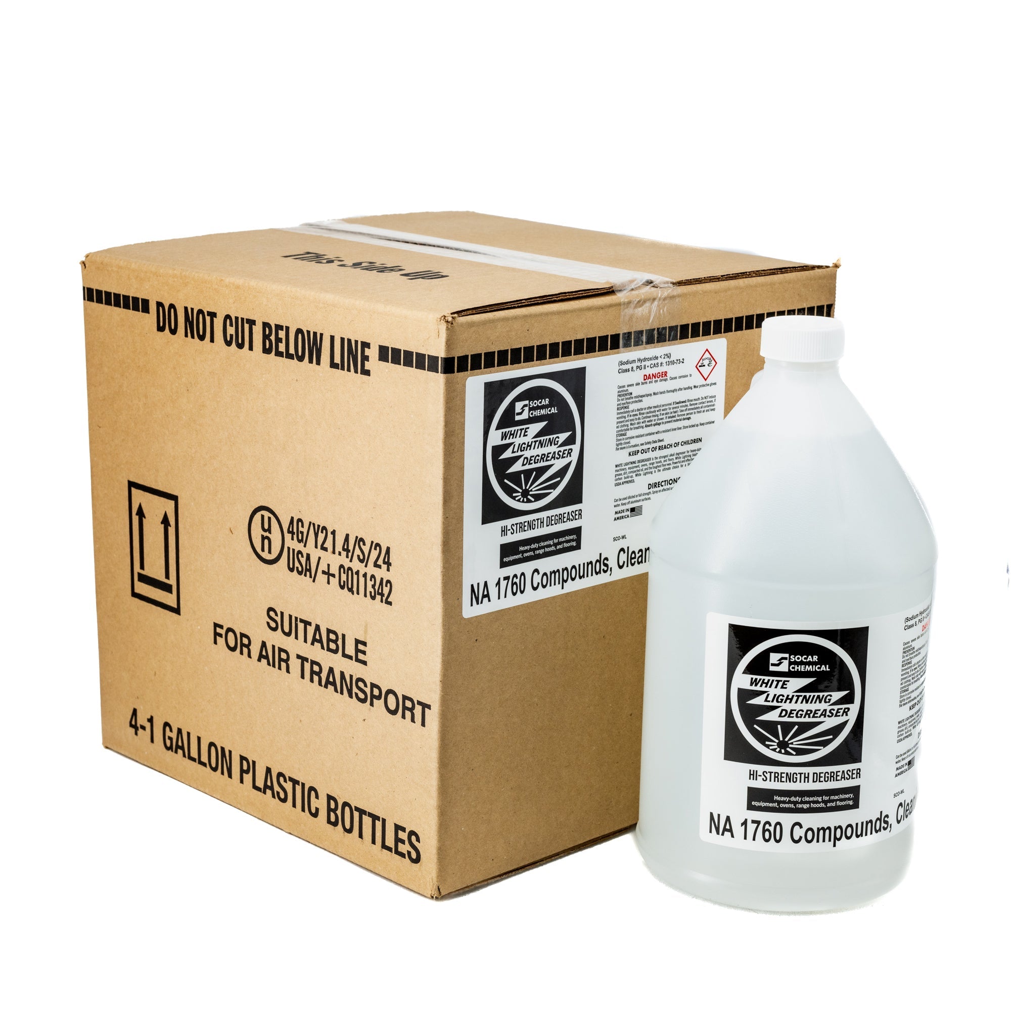 White Lightning Degreaser The most powerful of the SOCAR alkali degreaser formulas. White Lightning blasts its way through heavy grease, dirt, compacted oil