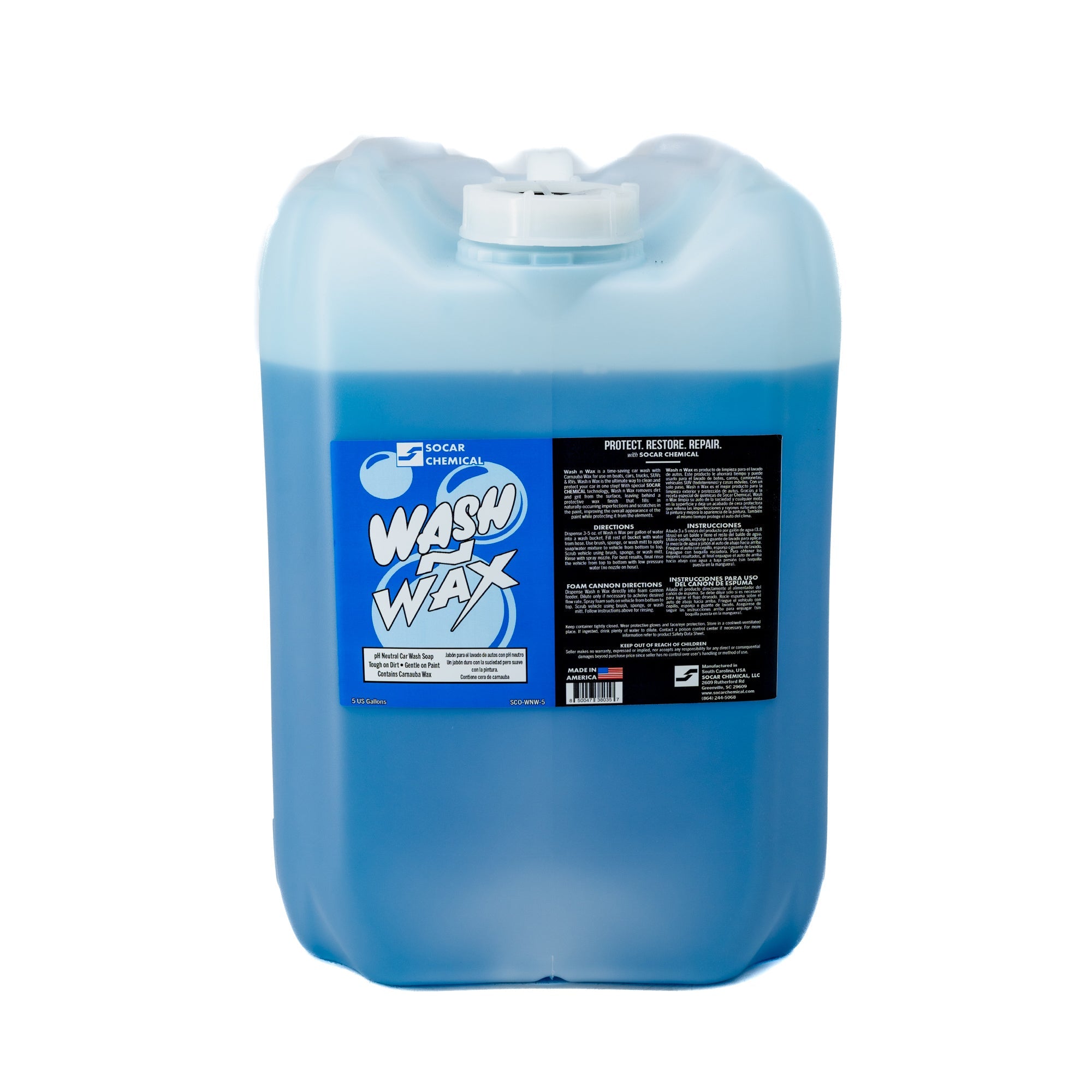 Wash n Wax is a neutral pH detergent with emulsifiers that provide excellent cleaning and rinse ability. Contains Carnauba Wax to repair normally occurring