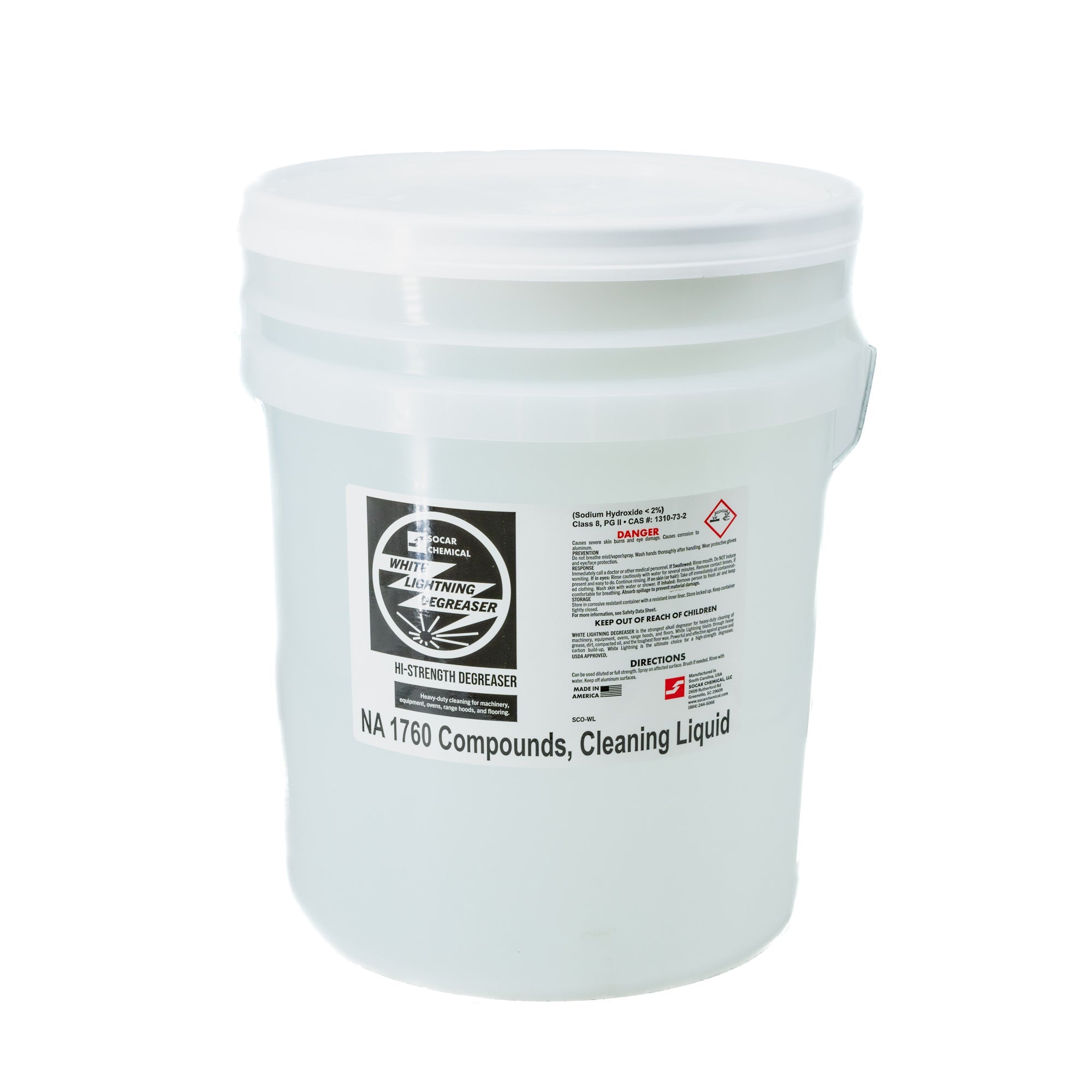 White Lightning Degreaser The most powerful of the SOCAR alkali degreaser formulas. White Lightning blasts its way through heavy grease, dirt, compacted oil