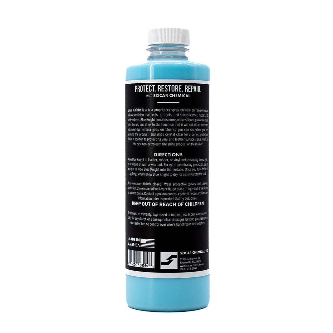 Blue Knight Vinyl, Rubber & Leather Dressing is a spray on/wipe on silicone emulsion that seals, protects, and shines leather, rubber & vinyl surfaces. Our