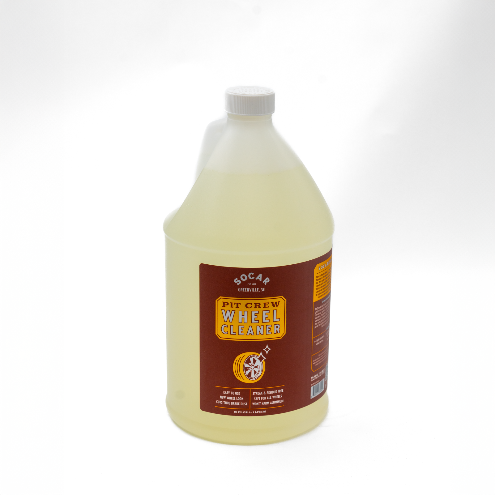 The Pit Crew Wheel Cleaner features PrecisionClean Technology™ , a powerful yet gentle formulation designed to break down and remove brake dust, grime, and tar