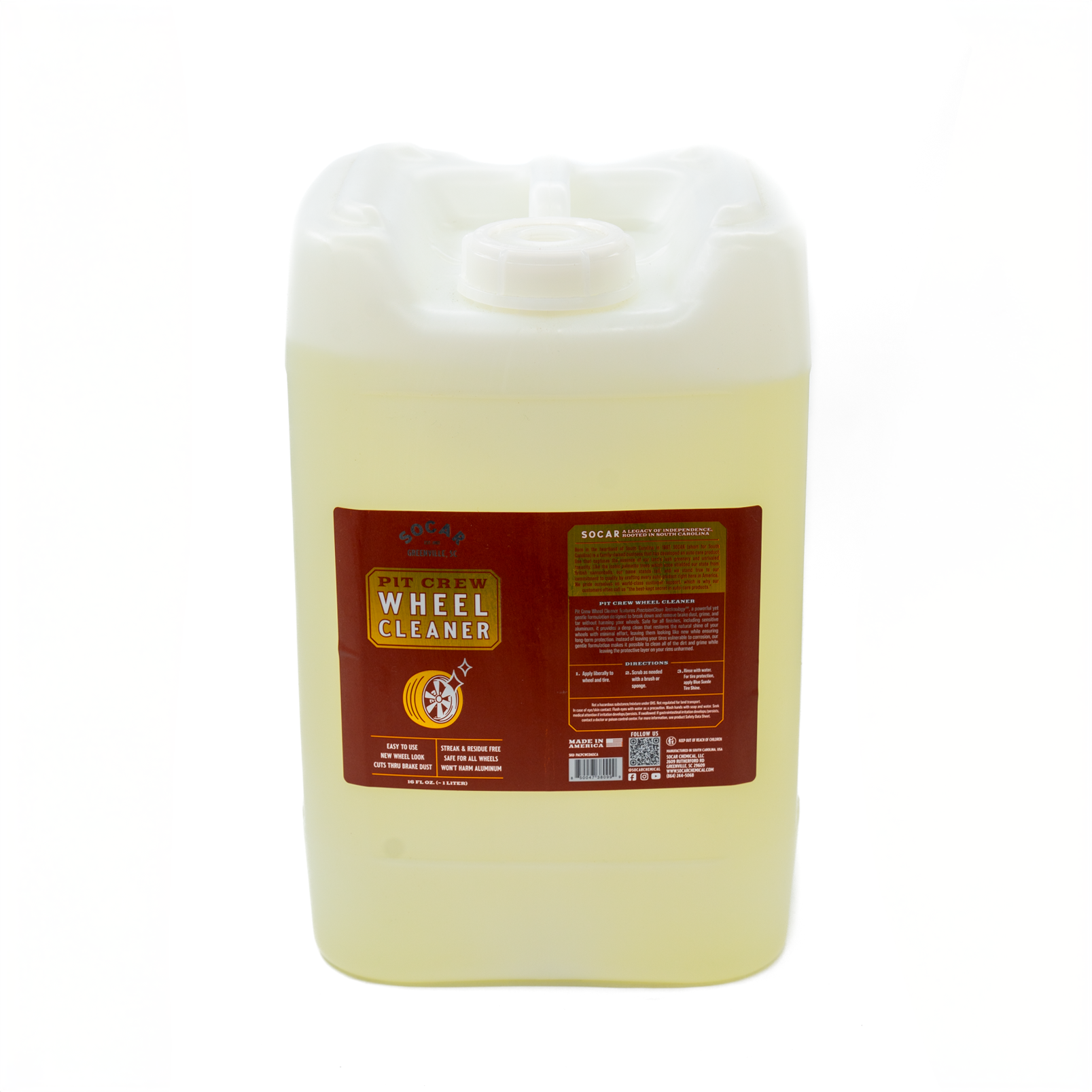 The Pit Crew Wheel Cleaner features PrecisionClean Technology™ , a powerful yet gentle formulation designed to break down and remove brake dust, grime, and tar
