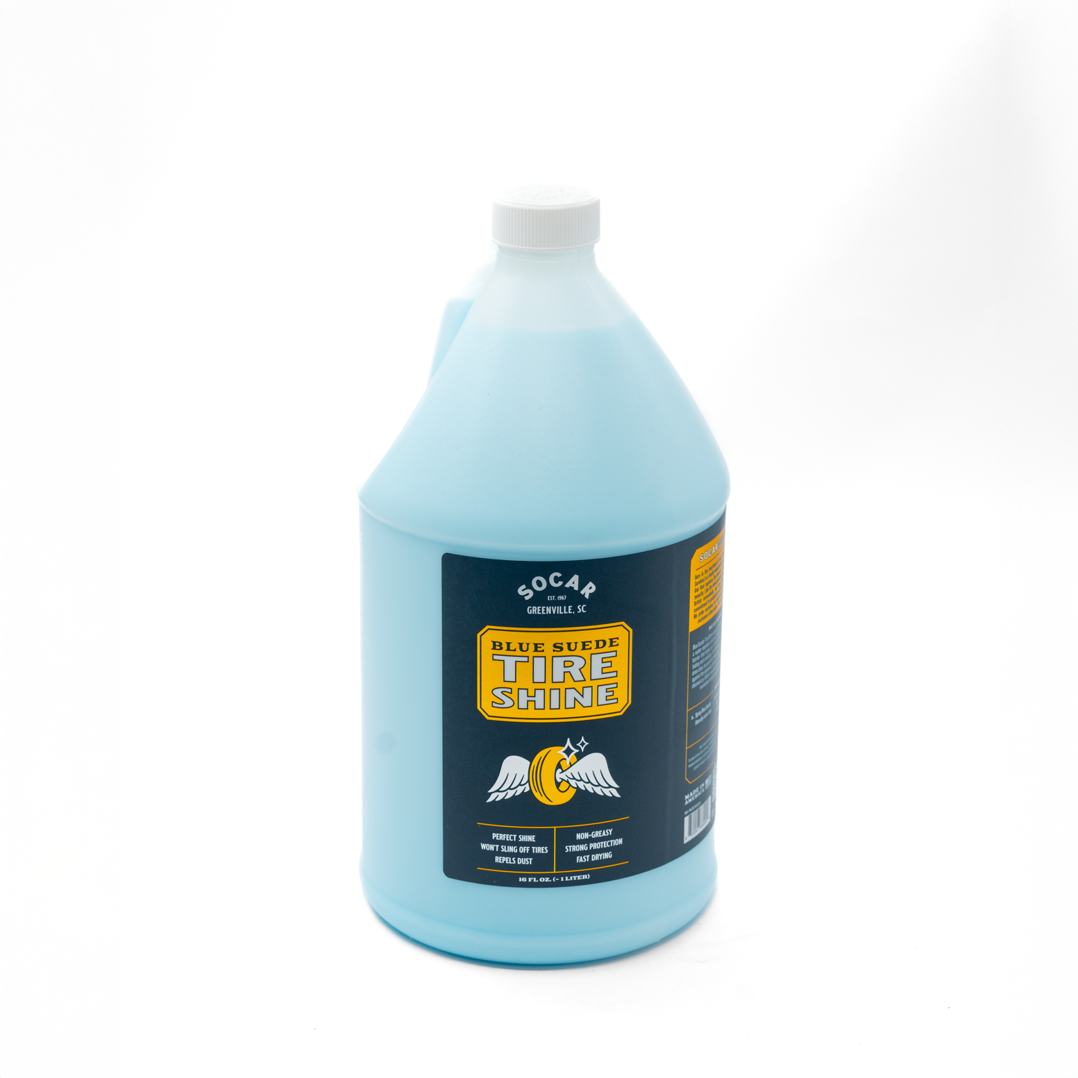 Blue suede tire shine contains a revolutionary formula that goes on blue but dries clear, so you don’t miss a spot. Your tires will shine with a rich black