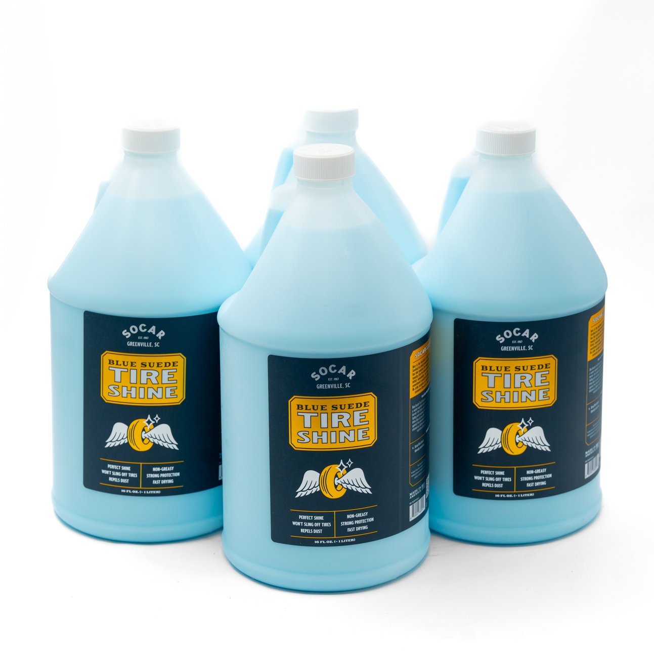 Blue suede tire shine contains a revolutionary formula that goes on blue but dries clear, so you don’t miss a spot. Your tires will shine with a rich black