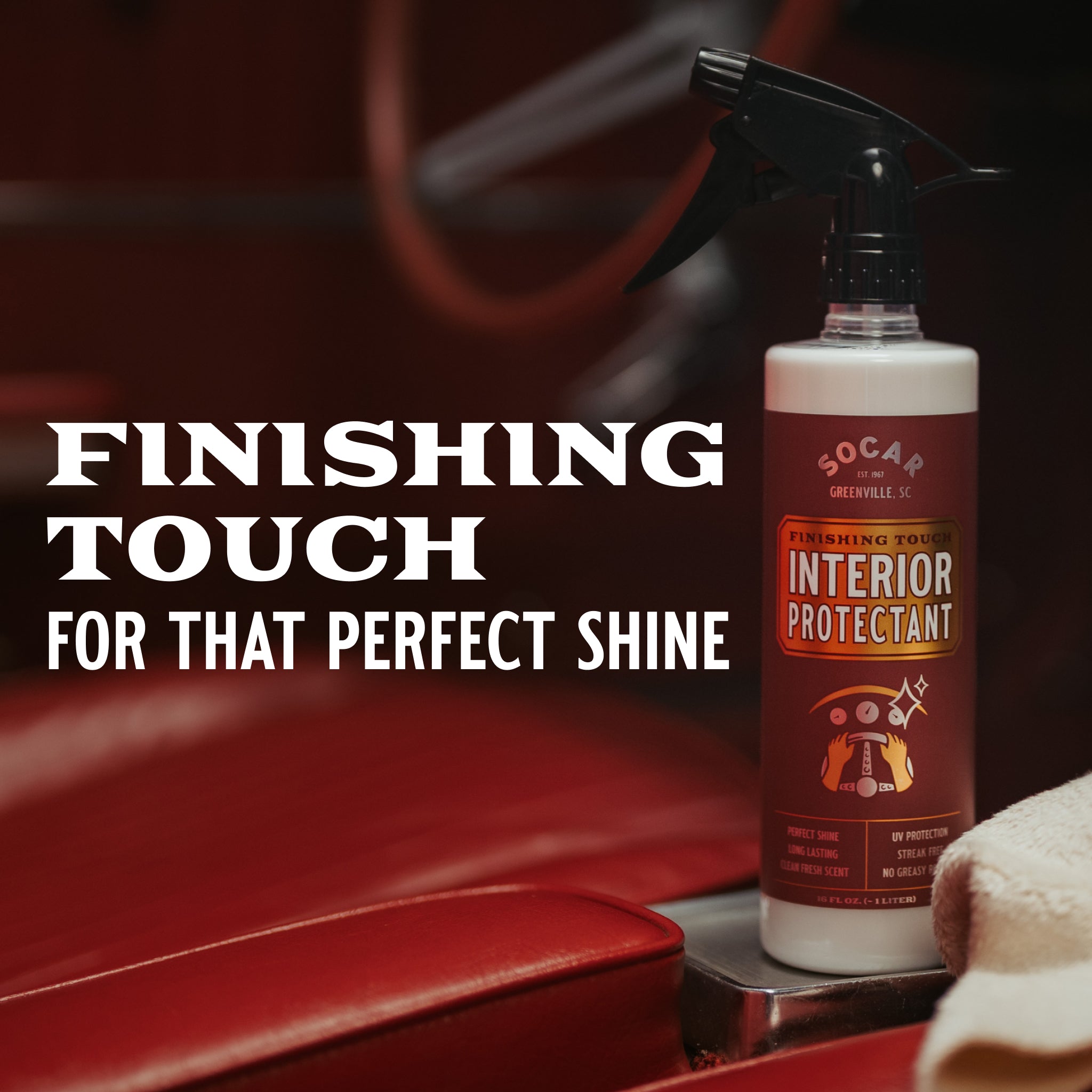 Finishing Touch is the perfect way to seal and protect your car’s inside surfaces after a good clean. It creates an optimal shine without leaving any streaks