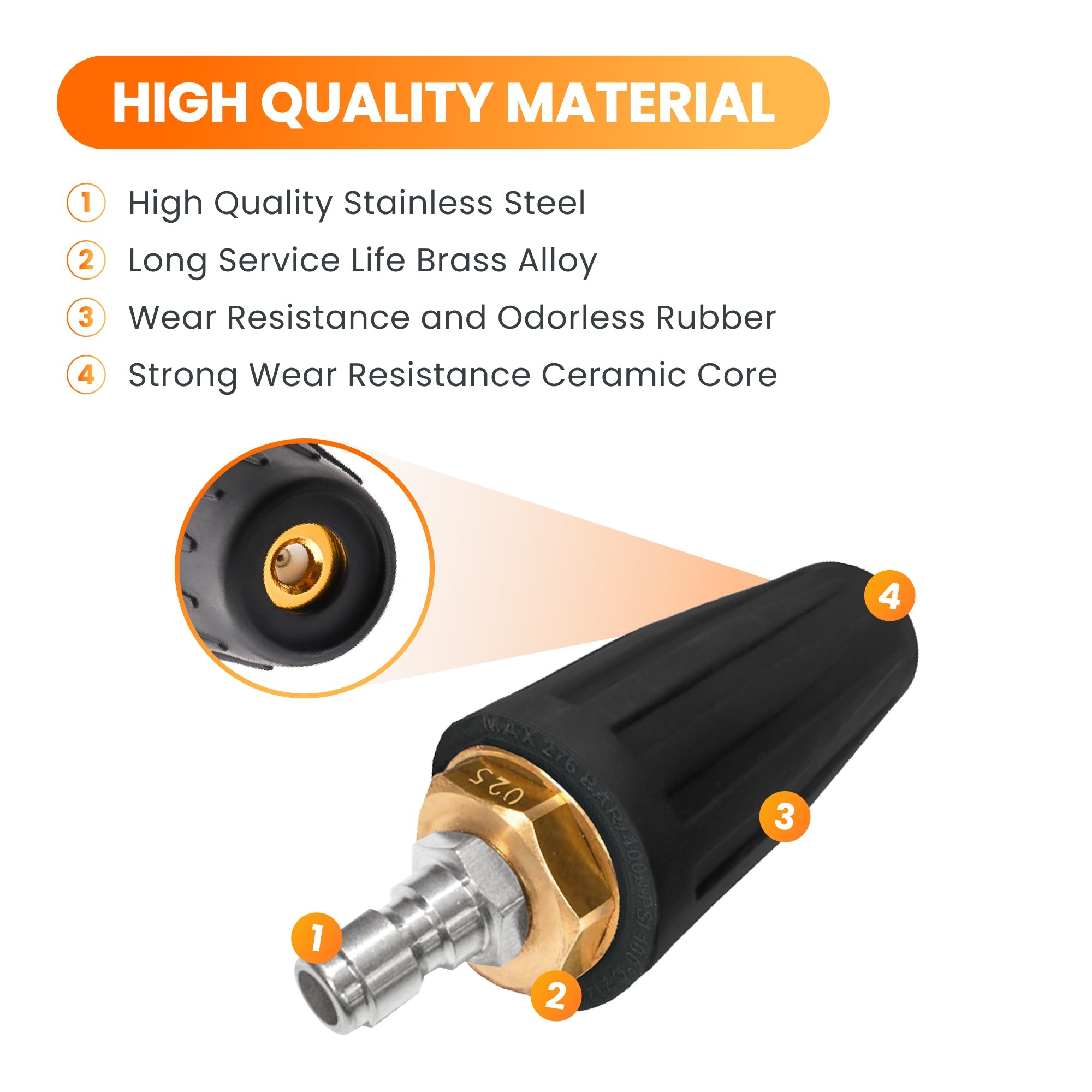 Giraffe Tools Pressure Washer Turbo Nozzle is made with stainless steel, a wide range of applications. Applicable high-pressure washer gun with 1/4" standard