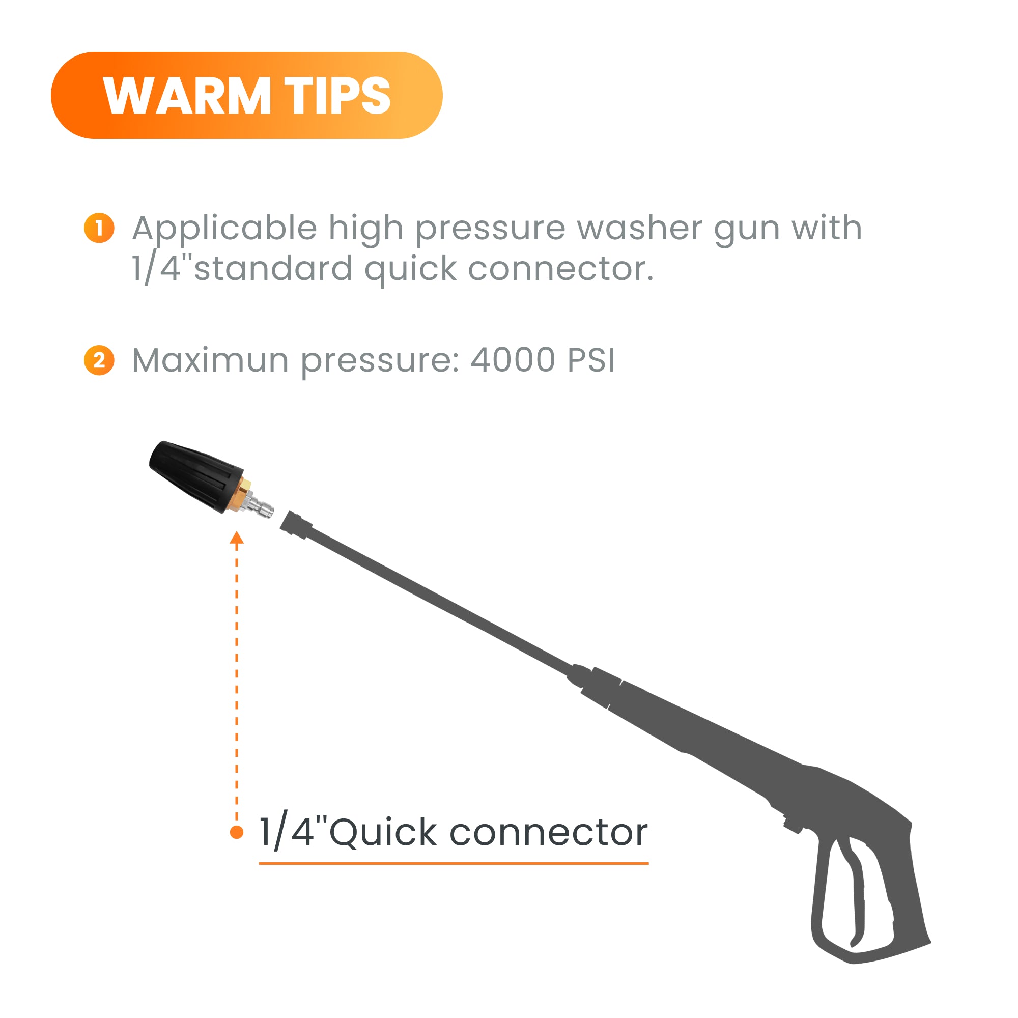 Giraffe Tools Pressure Washer Turbo Nozzle is made with stainless steel, a wide range of applications. Applicable high-pressure washer gun with 1/4" standard
