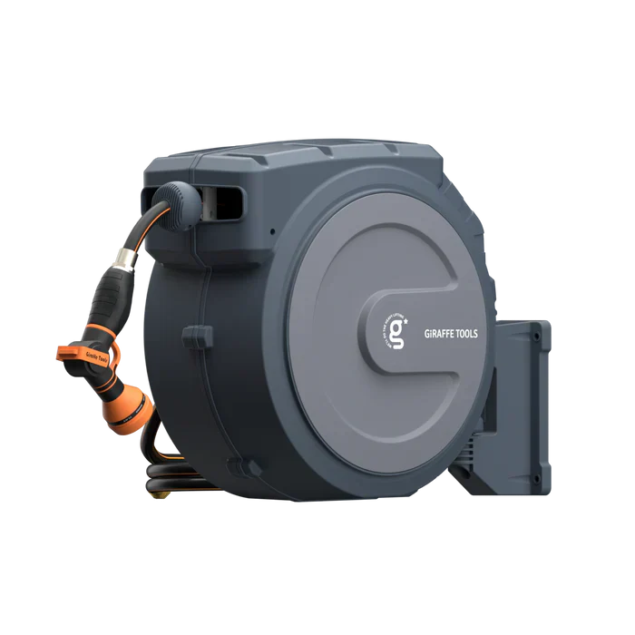 Giraffe Tools retractable garden hose reel delivers a one-stop watering solution—wall-mounted, auto-rewind, and adjustable for effortless use.