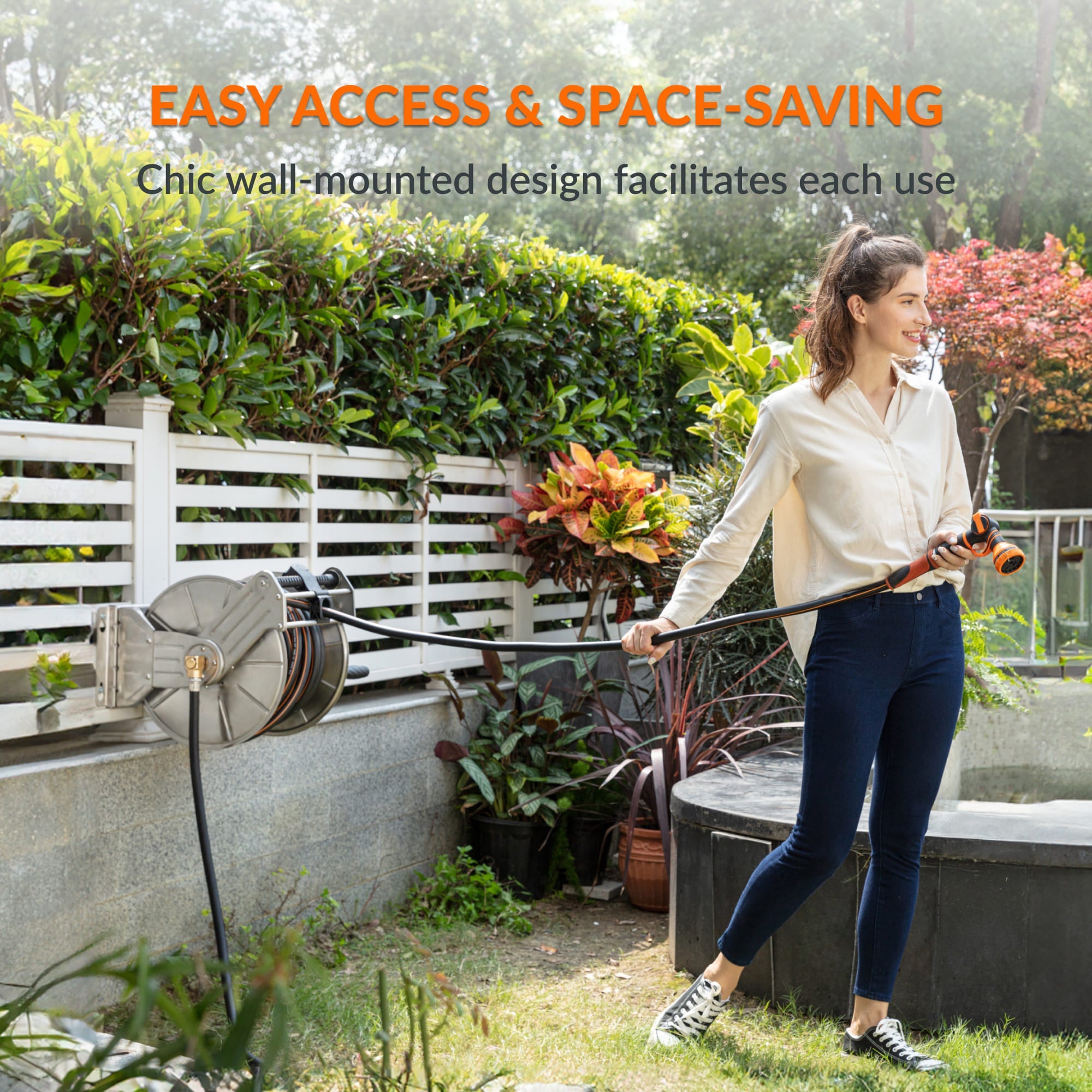 Organize your outdoor space with a 304 stainless steel wall-mounted hose reel from Giraffe Tools. Rust-proof, space-saving design for gardens, garages & patios.