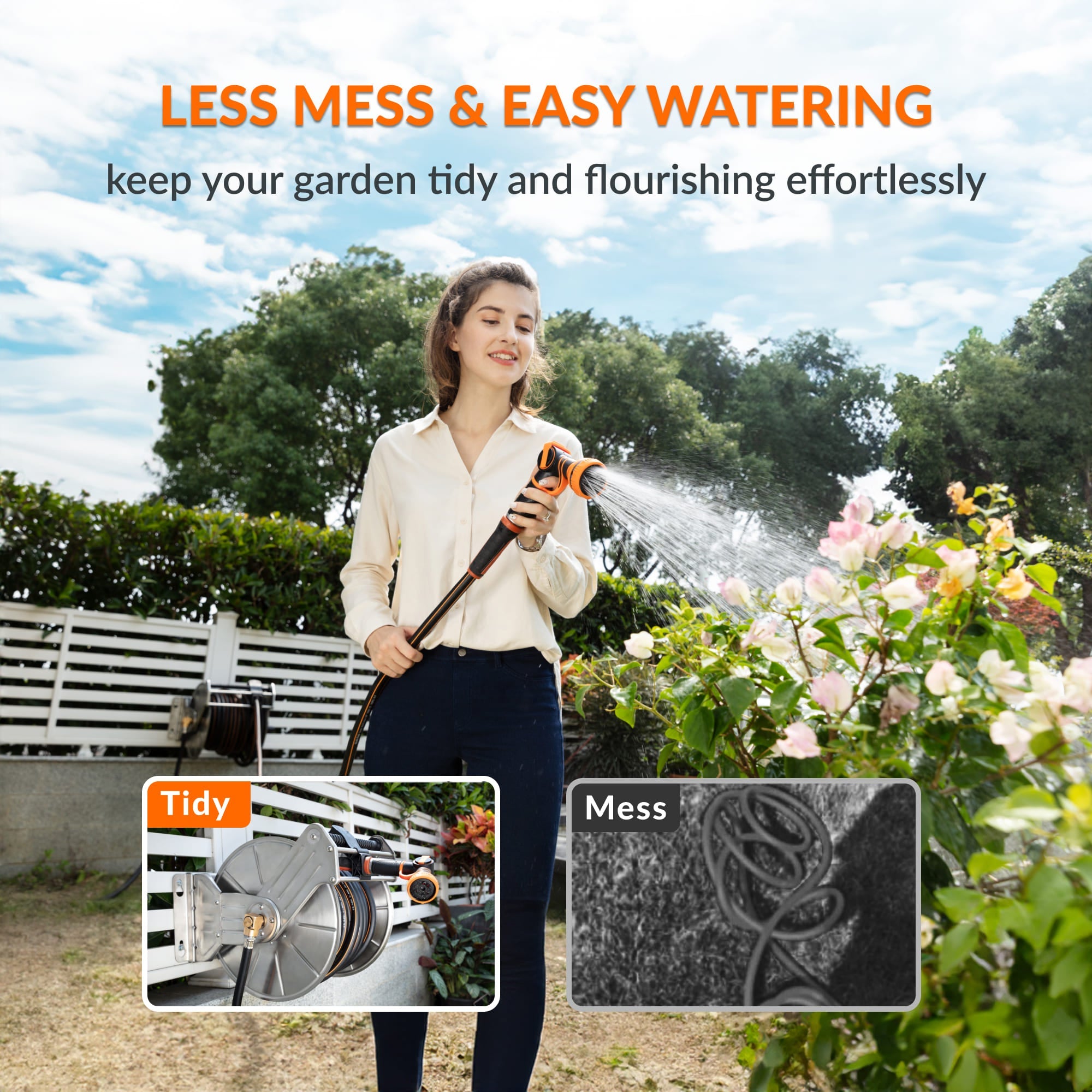 Organize your outdoor space with a 304 stainless steel wall-mounted hose reel from Giraffe Tools. Rust-proof, space-saving design for gardens, garages & patios.