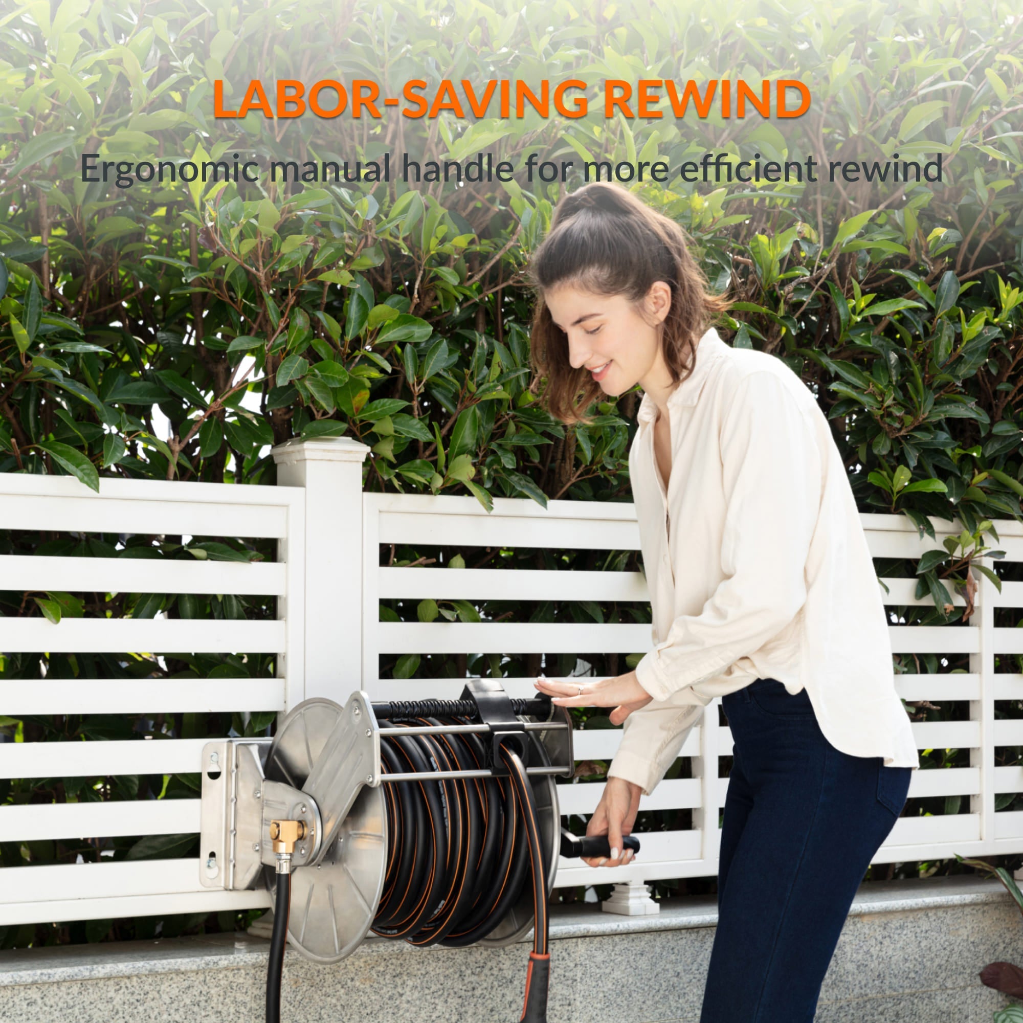 Organize your outdoor space with a 304 stainless steel wall-mounted hose reel from Giraffe Tools. Rust-proof, space-saving design for gardens, garages & patios.