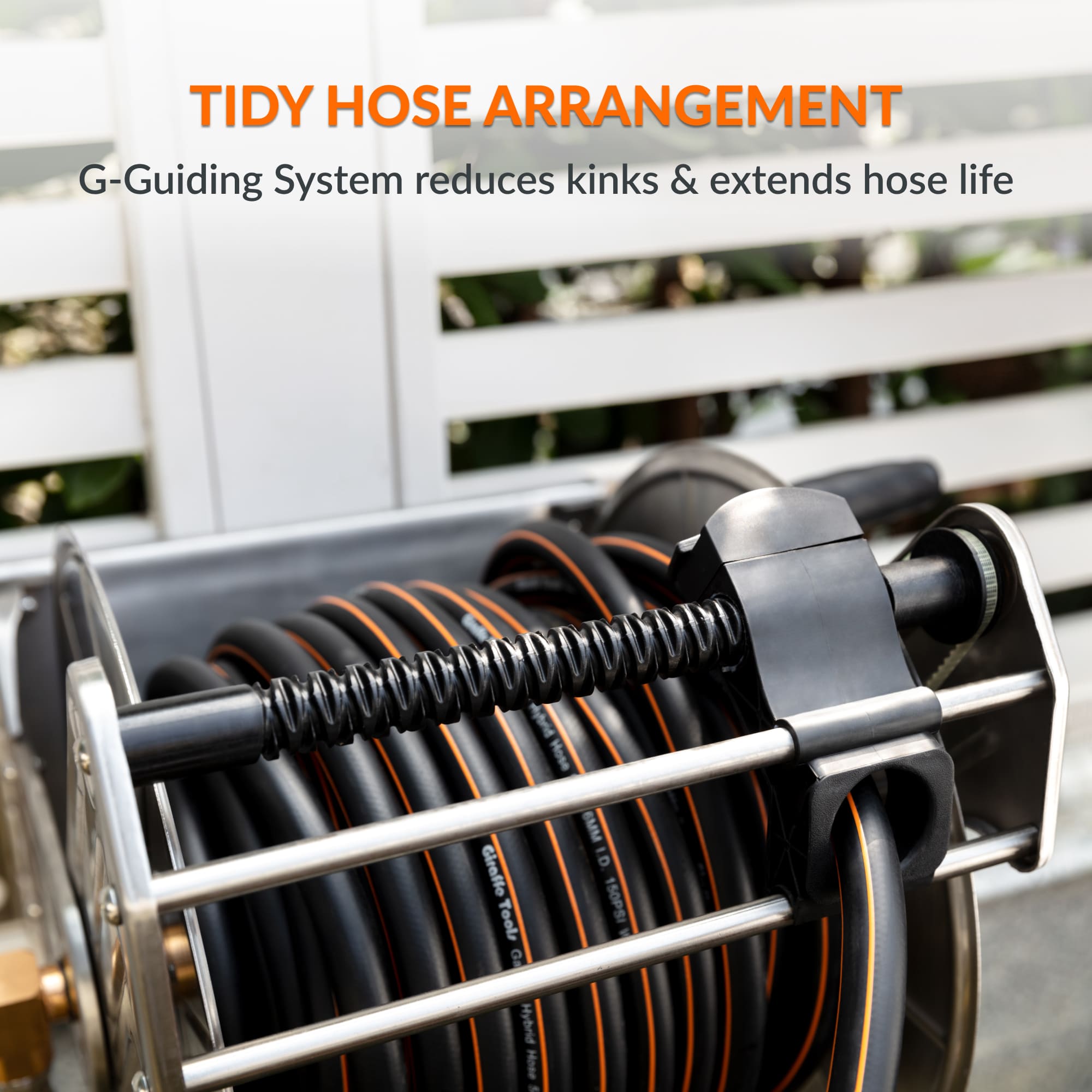 Organize your outdoor space with a 304 stainless steel wall-mounted hose reel from Giraffe Tools. Rust-proof, space-saving design for gardens, garages & patios.
