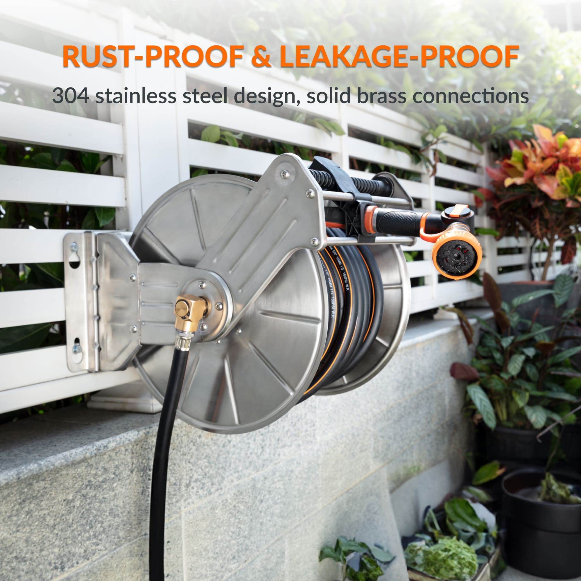 Organize your outdoor space with a 304 stainless steel wall-mounted hose reel from Giraffe Tools. Rust-proof, space-saving design for gardens, garages & patios.