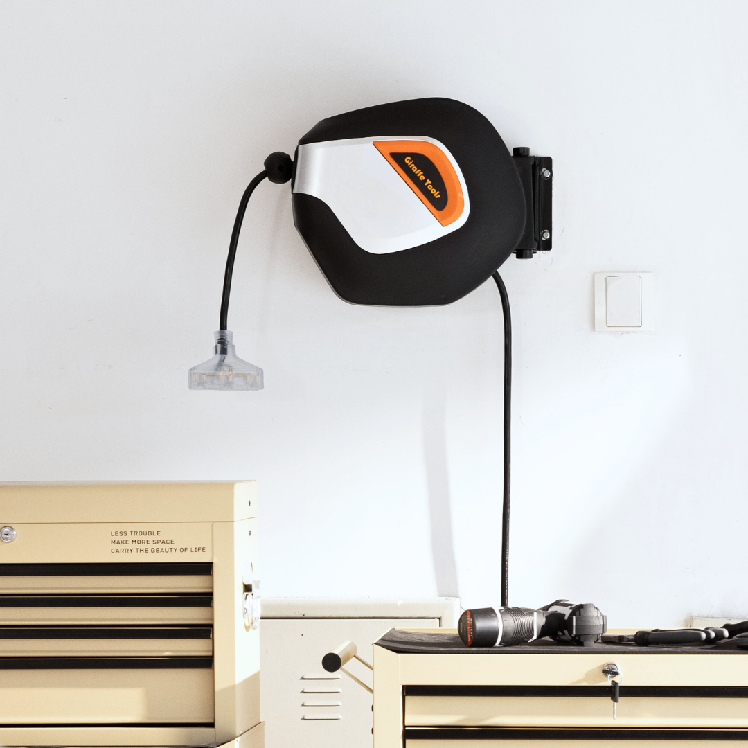 This extension cord reel is constructed of hard impact polypropylene enclosed spring-driven and has slow retraction technology and auto guide system.