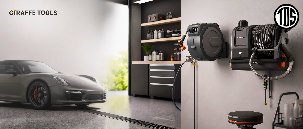 Garage interior with a car, tool cabinet, and Giraffe Tools equipment.