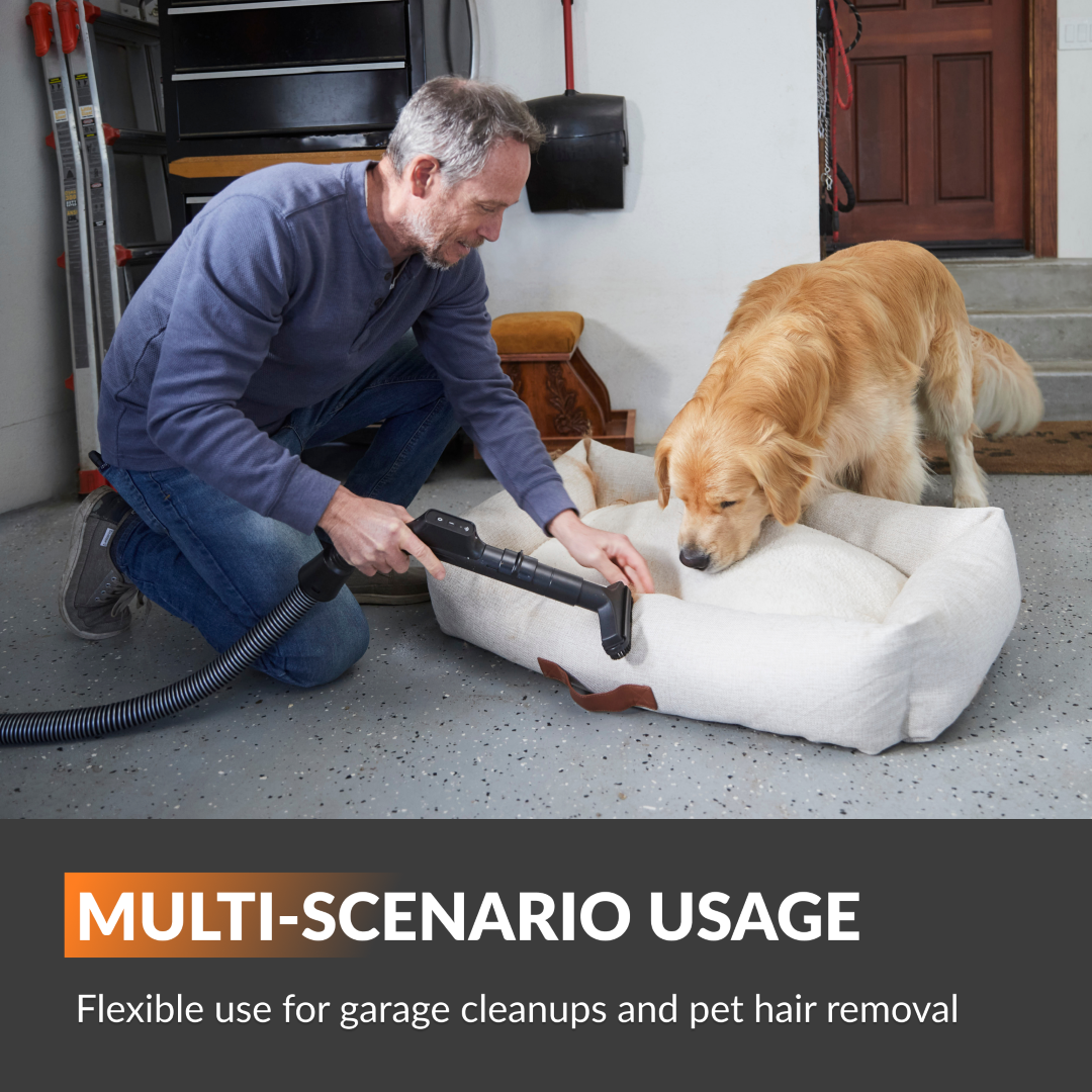 Giraffe Tools Retractable Vacuum Cleaner with 30ft hose. Wall-mounted design, wet & dry use, and auto retraction for effortless garage cleaning.