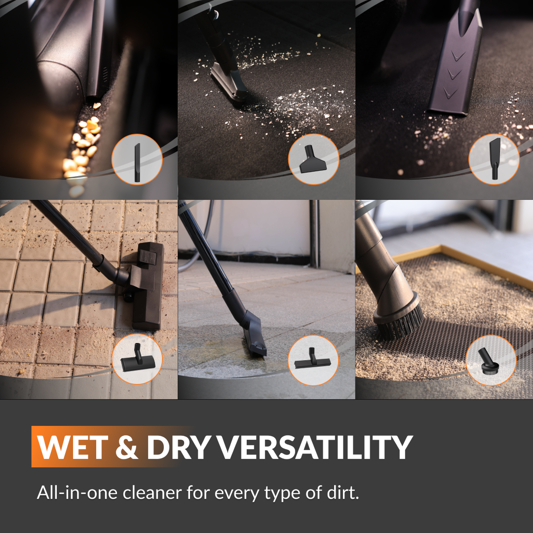 Giraffe Tools Retractable Vacuum Cleaner with 30ft hose. Wall-mounted design, wet & dry use, and auto retraction for effortless garage cleaning.