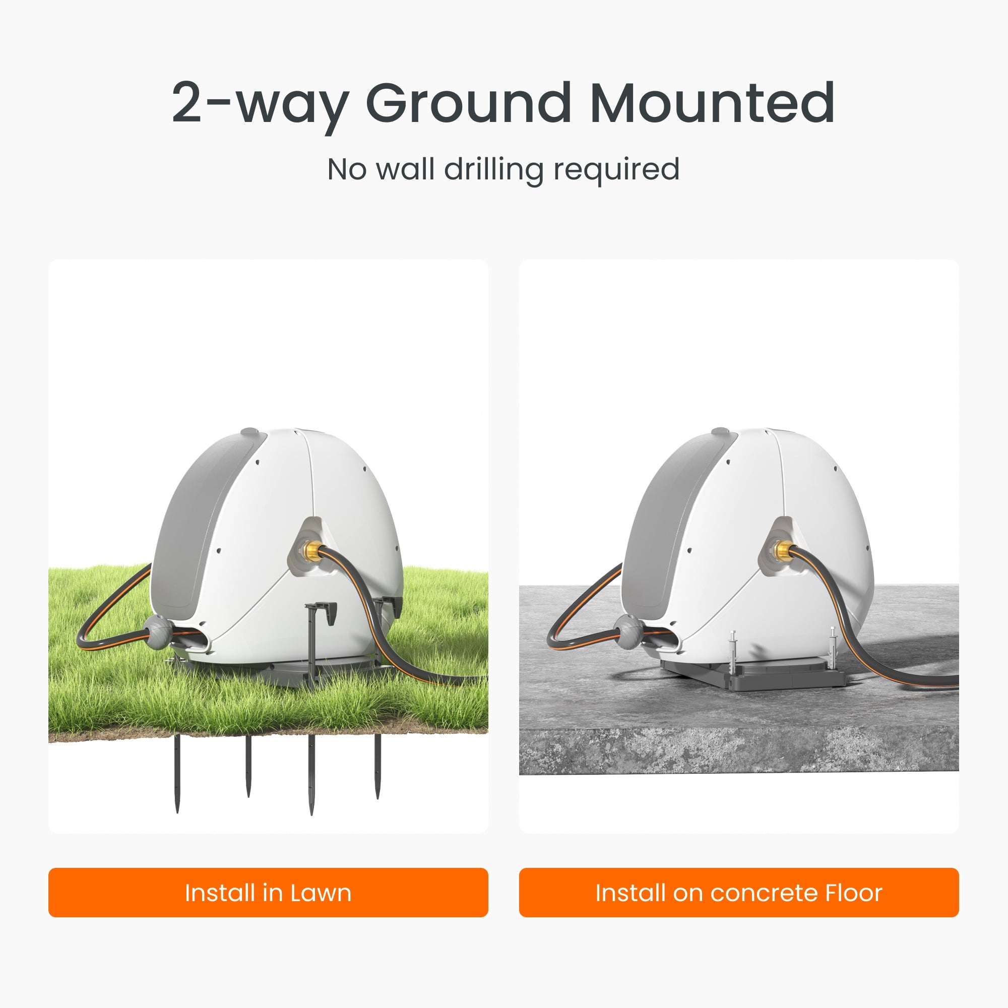 Enjoy no-drill, auto-rewind watering with the Giraffe Tools Ground-Mounted Retractable Hose Reel. Perfect for lawns, patios, and concrete—tidy, durable, and
