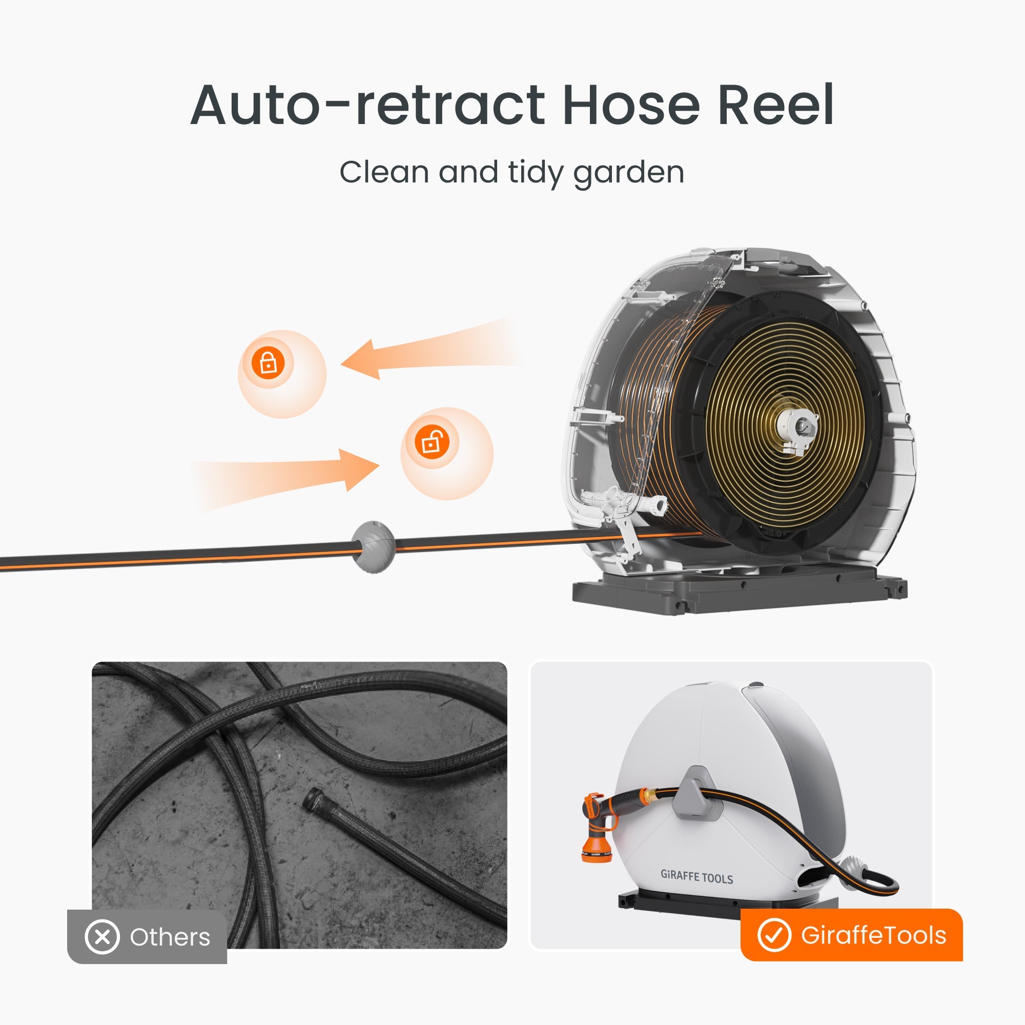 Enjoy no-drill, auto-rewind watering with the Giraffe Tools Ground-Mounted Retractable Hose Reel. Perfect for lawns, patios, and concrete—tidy, durable, and
