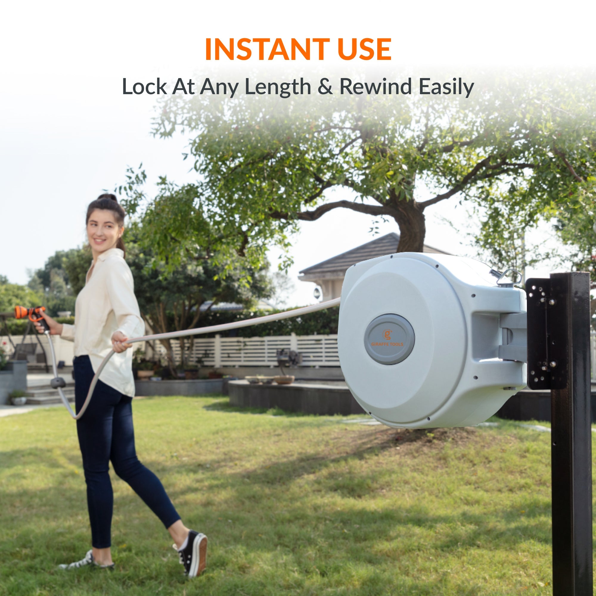 The auto-rewind system, hose locker and 9-mode hose nozzle makes the hose reel more convenient to use.