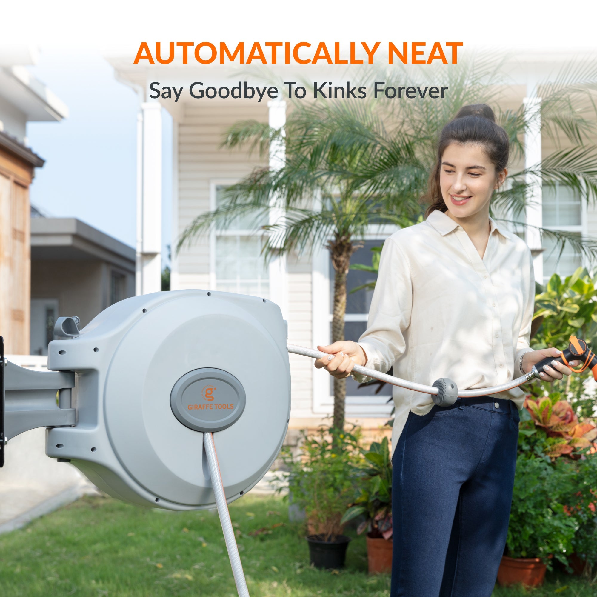 The auto-rewind system, hose locker and 9-mode hose nozzle makes the hose reel more convenient to use.