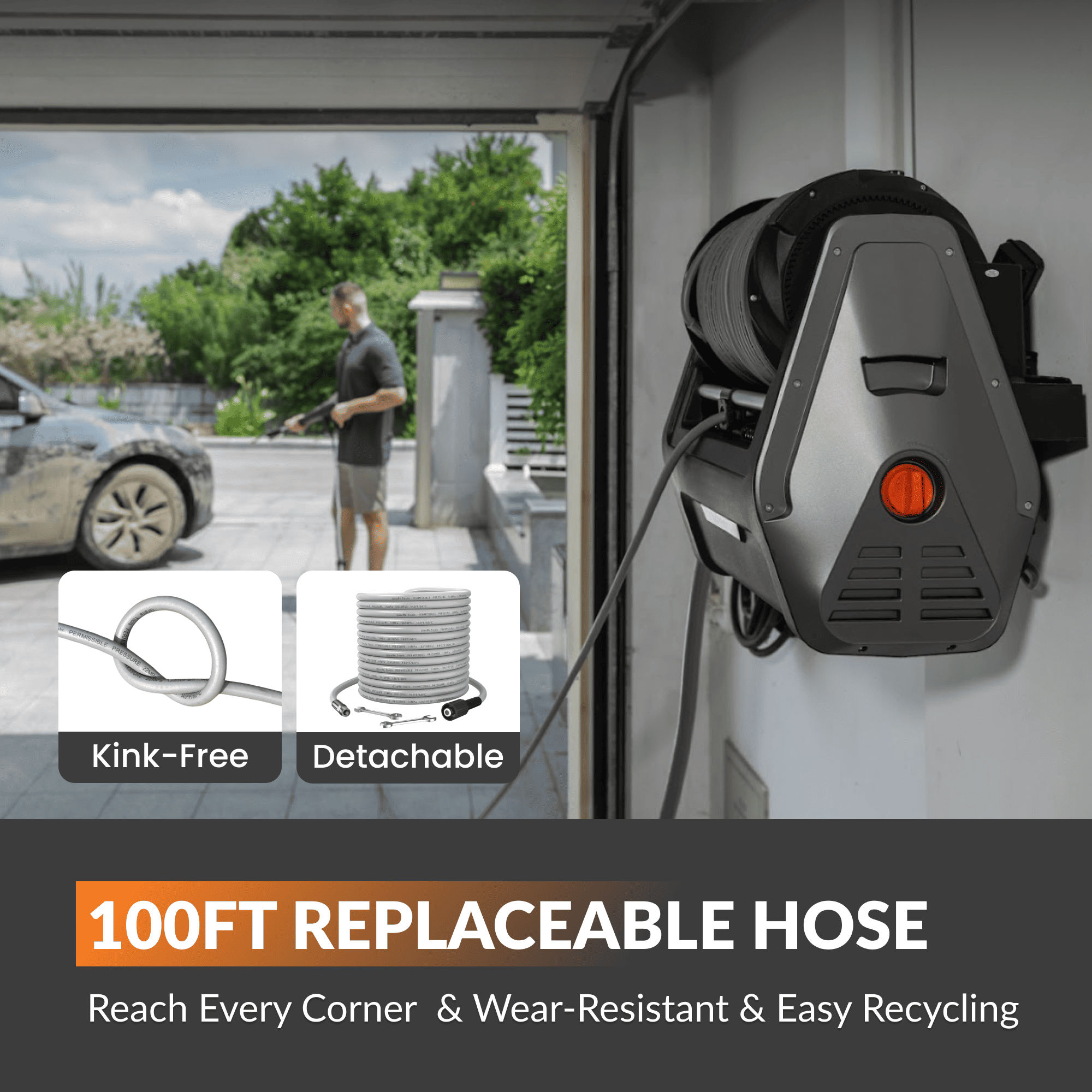 Grandfalls Retractable Pressure Washer Plus has an auto-retraction high-pressure washer which can help you finish our cleaning tasks efficiently.