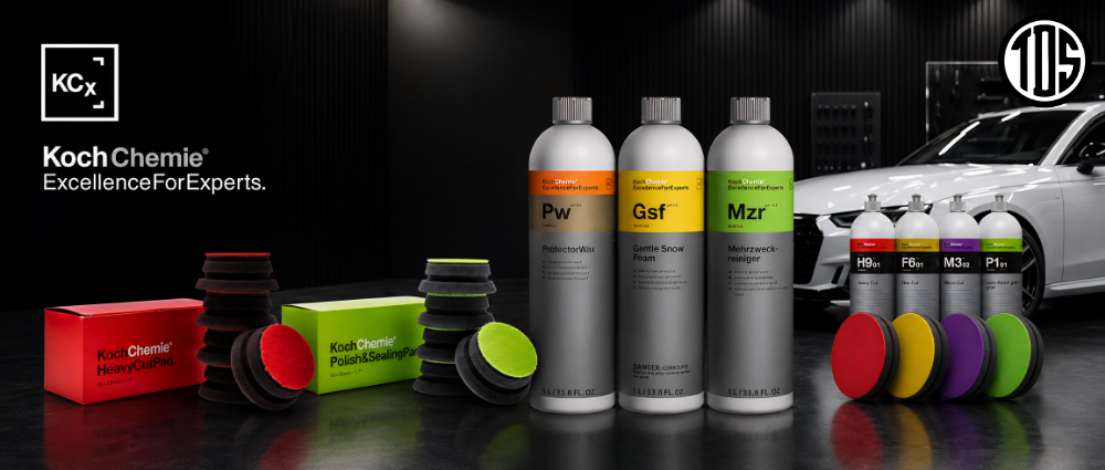 Collection of automotive care products with Koch Chemie and IG logos on a dark background