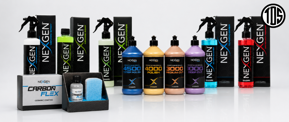 Collection of NexGen automotive care products on a white background