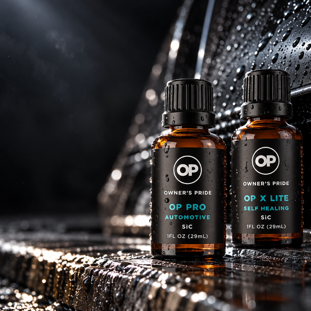 Two amber glass essential oil bottles with black caps and black labels from Owner's Pride, labeled OP Pro Automotive and OP X Lite Self Healing, set on a wet reflective surface with water droplets.