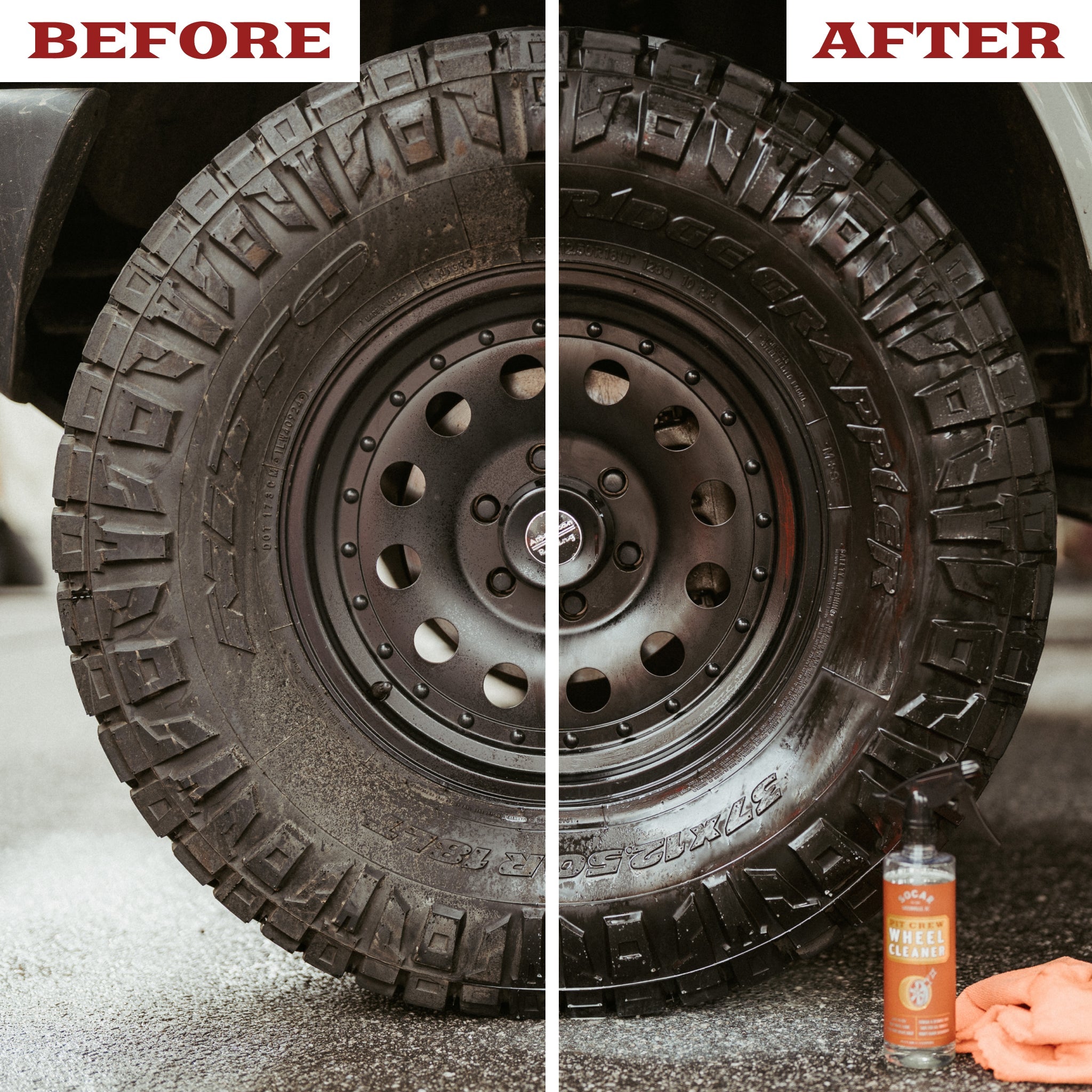 The Pit Crew Wheel Cleaner features PrecisionClean Technology™ , a powerful yet gentle formulation designed to break down and remove brake dust, grime, and tar