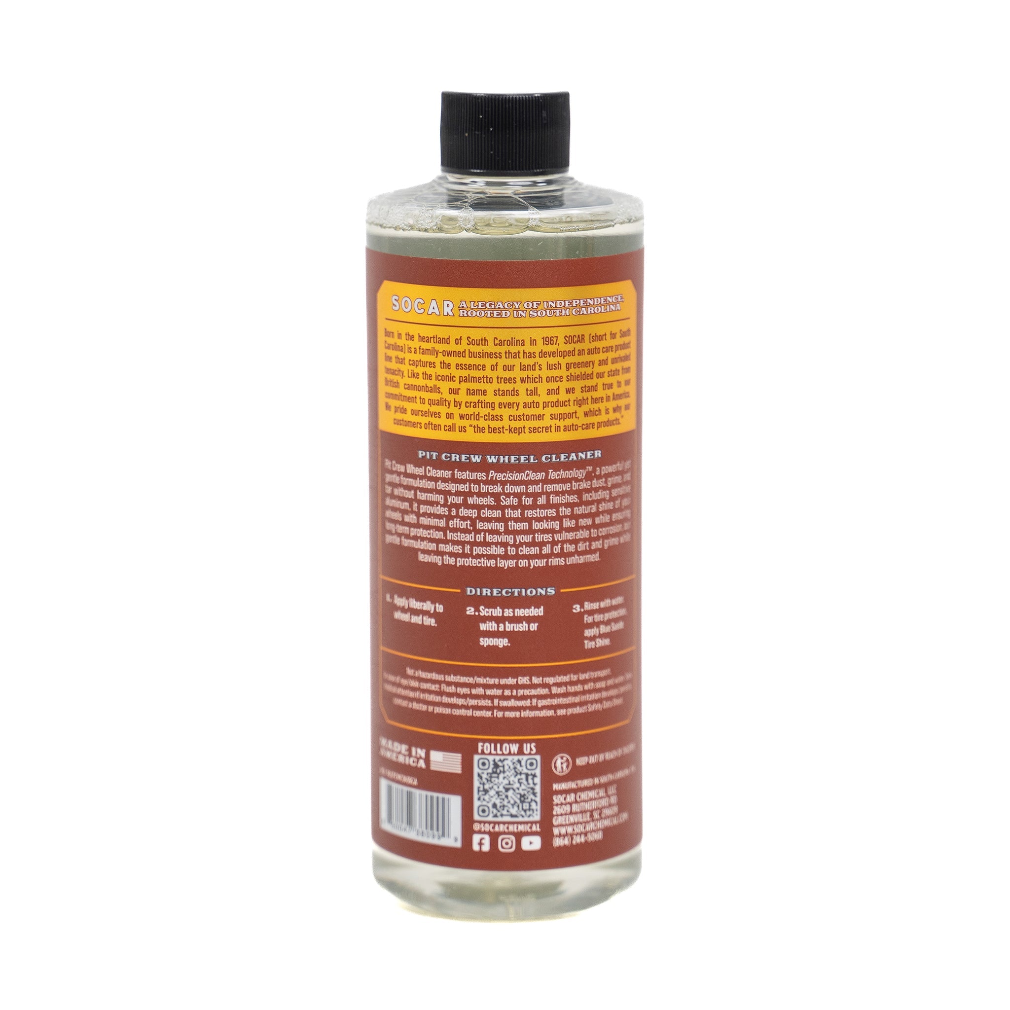 The Pit Crew Wheel Cleaner features PrecisionClean Technology™ , a powerful yet gentle formulation designed to break down and remove brake dust, grime, and tar