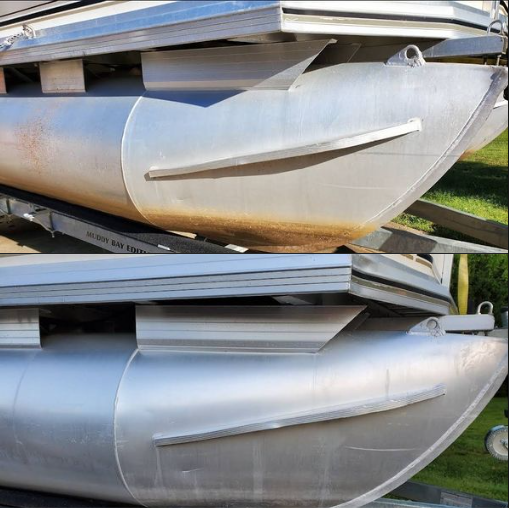 Wampole's 1-Step Pontoon Cleaner is a unique blend of powerful organic acids which have been inhibited and formulated to penetrate oily surfaces, brighten