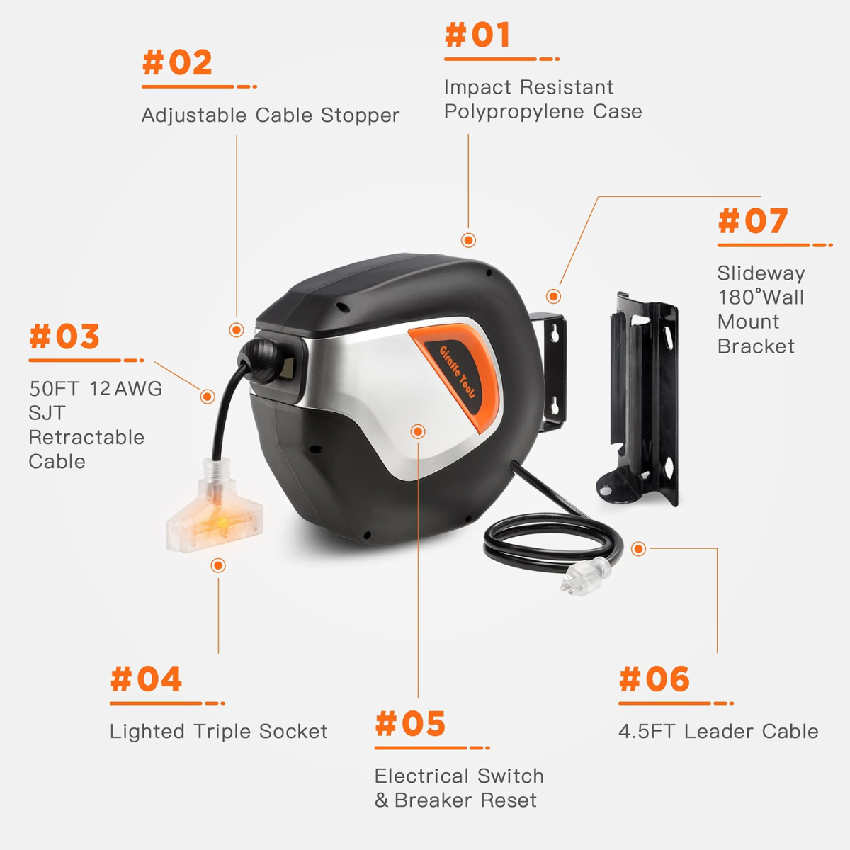 This extension cord reel is constructed of hard impact polypropylene enclosed spring-driven and has slow retraction technology and auto guide system.