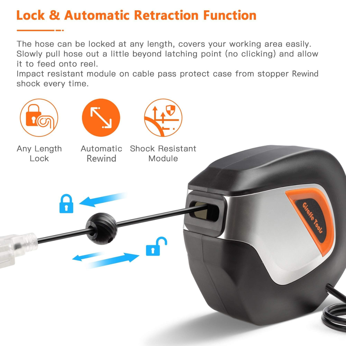 This extension cord reel is constructed of hard impact polypropylene enclosed spring-driven and has slow retraction technology and auto guide system.