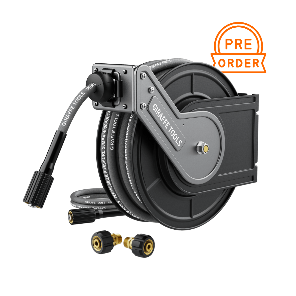 Giraffe Tools Retractable Pressure Hose Reel equipped with a locking mechanism, the hose can be adjusted to any length required, and is oil and