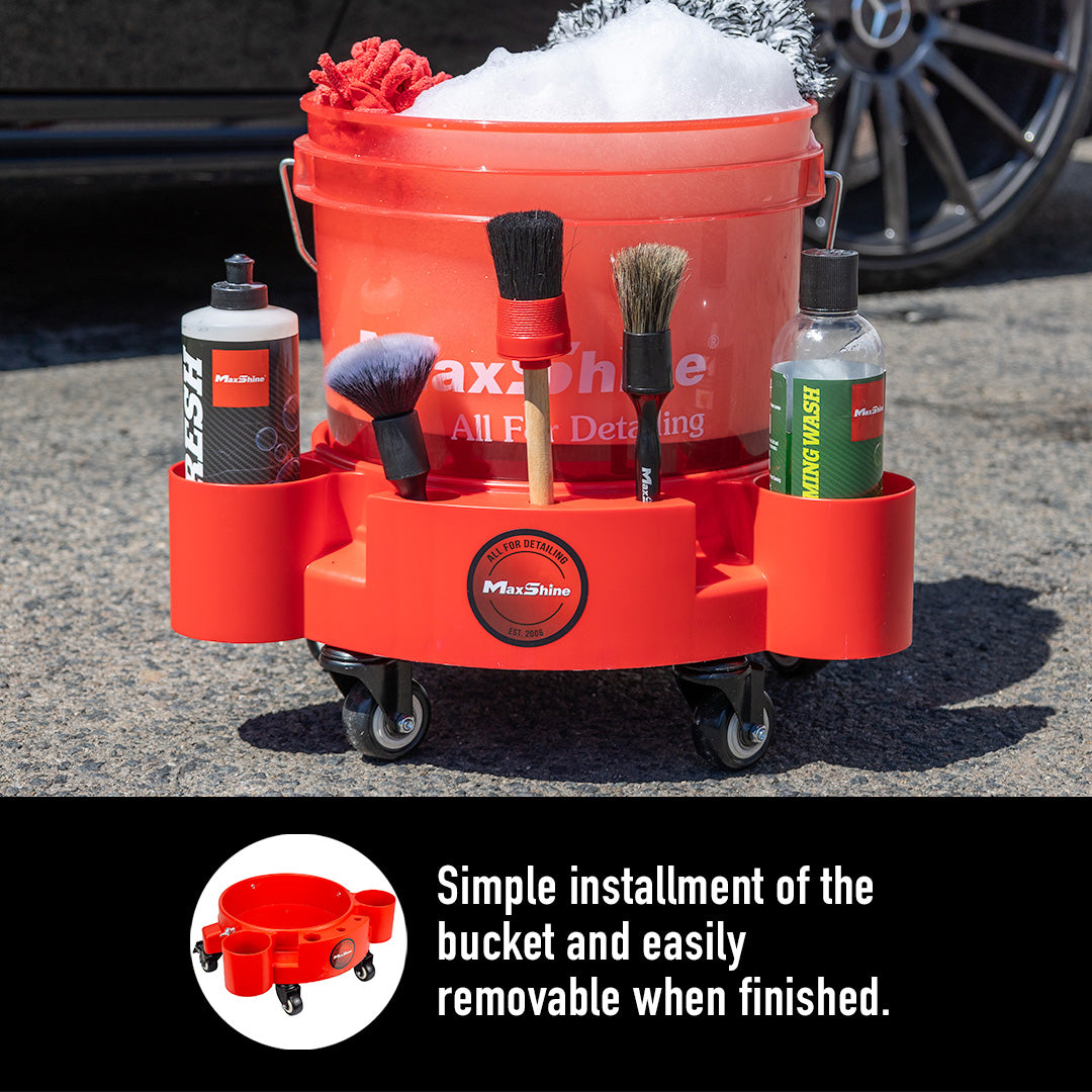 Rolling Bucket Dolly The Rolling Bucket Dolly is your car washing hero. This handy caddy boasts 360-degree swivel wheels for effortless maneuvering, holding